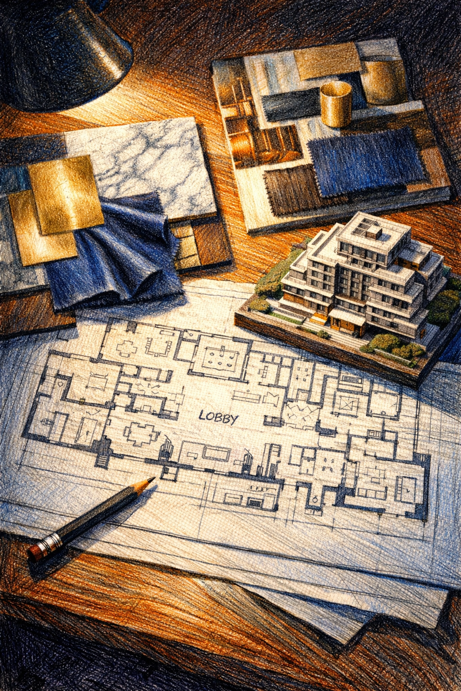 Luxury hospitality design process showing hotel blueprints, marble samples, and mood boards.