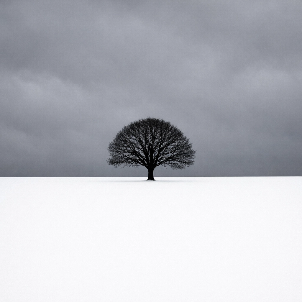 Clean composition in minimalist landscape photography featuring a lone tree in snow with a straight horizon.