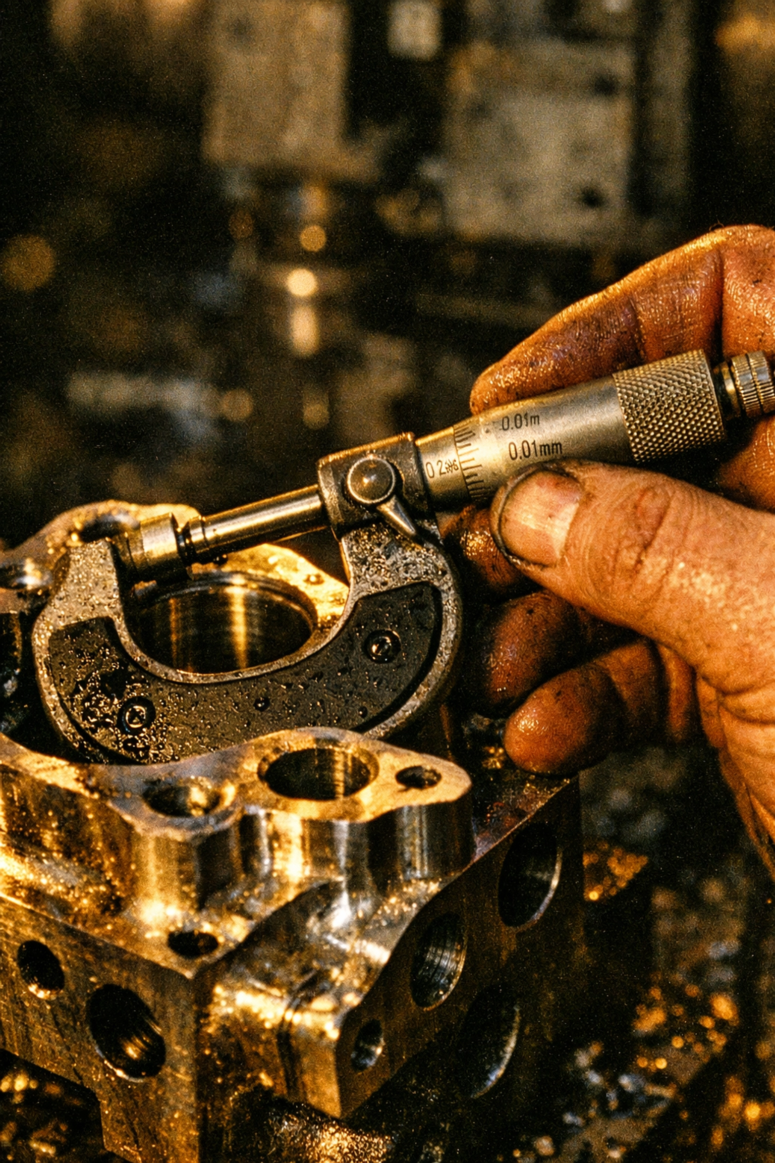 Industrial machinist using a micrometer to inspect a CNC-milled valve for manufacturing quality control.