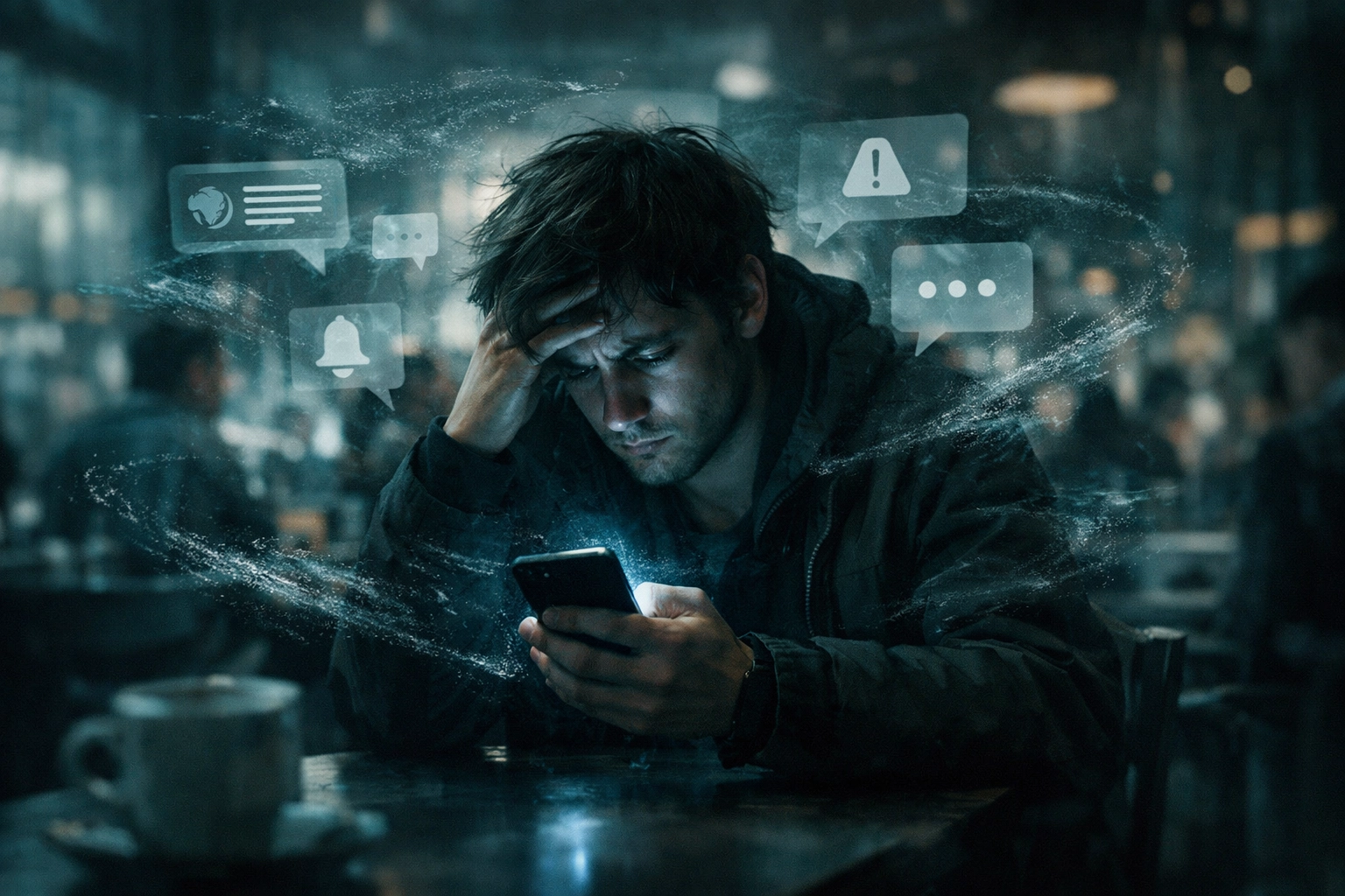 Stressed person looking at a phone in a cafe, illustrating the digital anxiety of constant news scrolling.