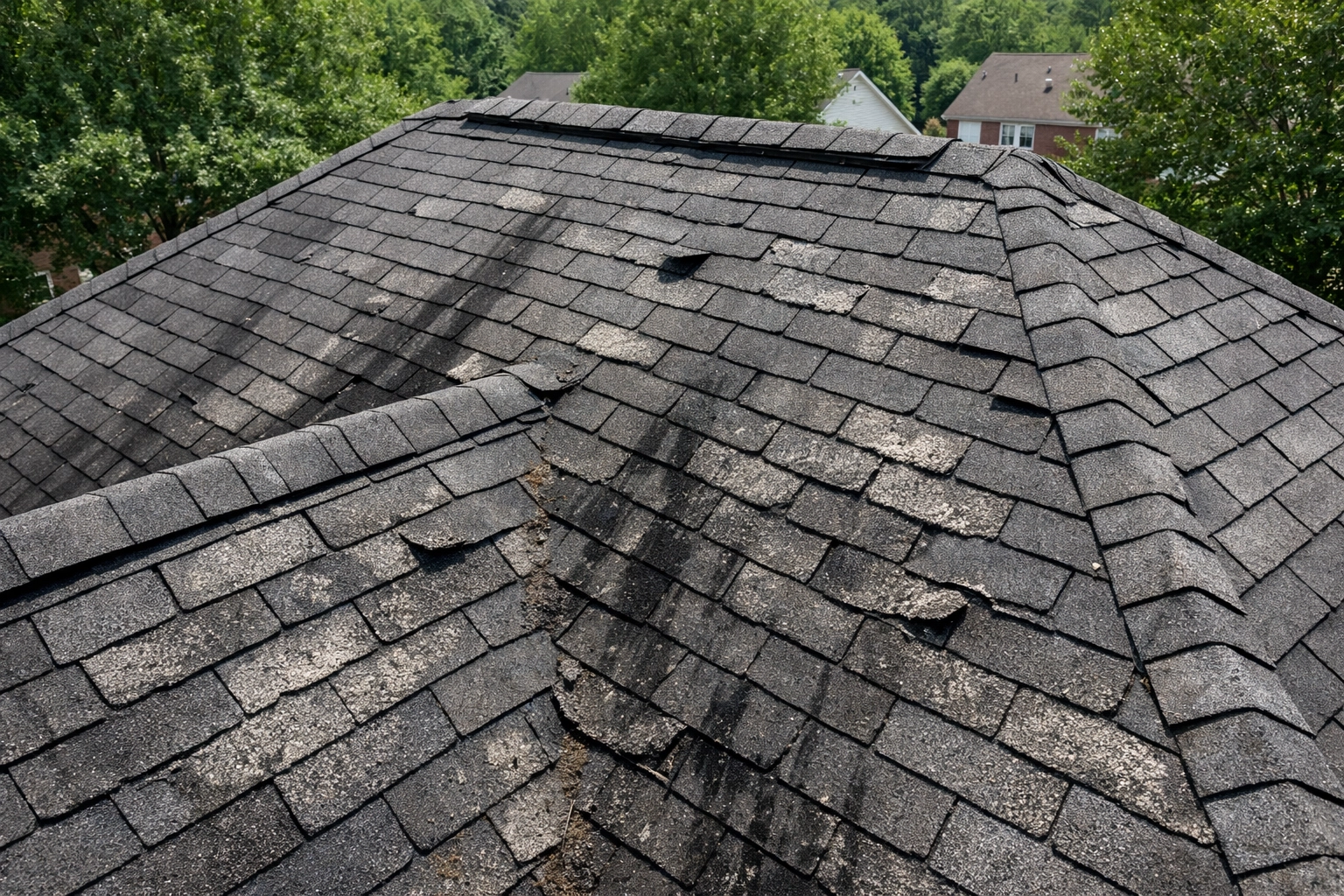 Deteriorating Charlotte roof with curling shingles and algae damage requiring full replacement