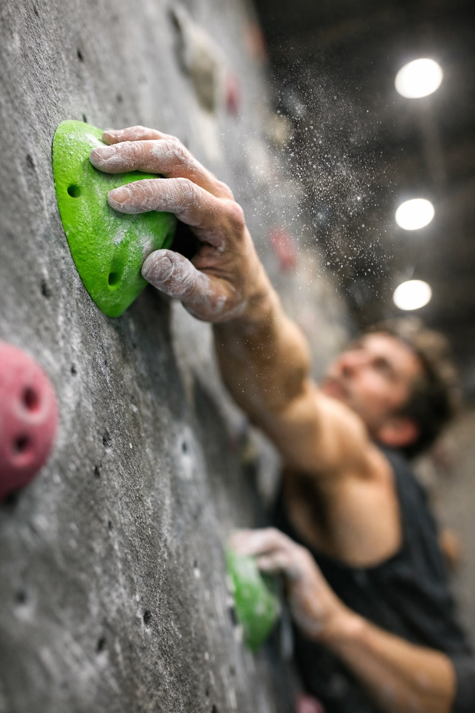 A climber on an indoor climbing wall in Montreal, staying active during the city's unpredictable slush season.