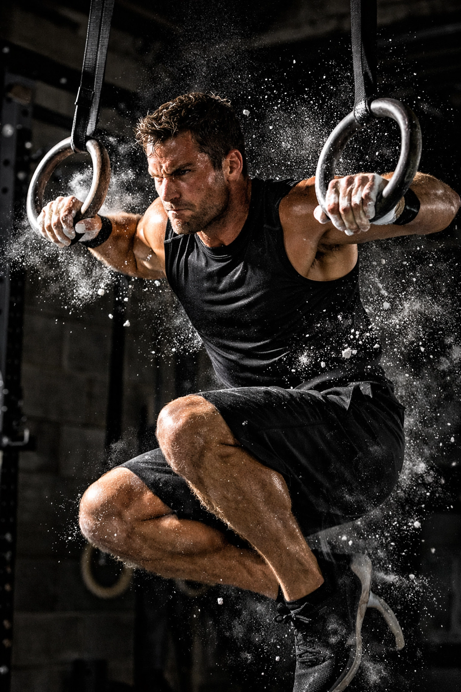 Athlete performing high-intensity transitions on gymnastics rings in a professional CrossFit home gym.
