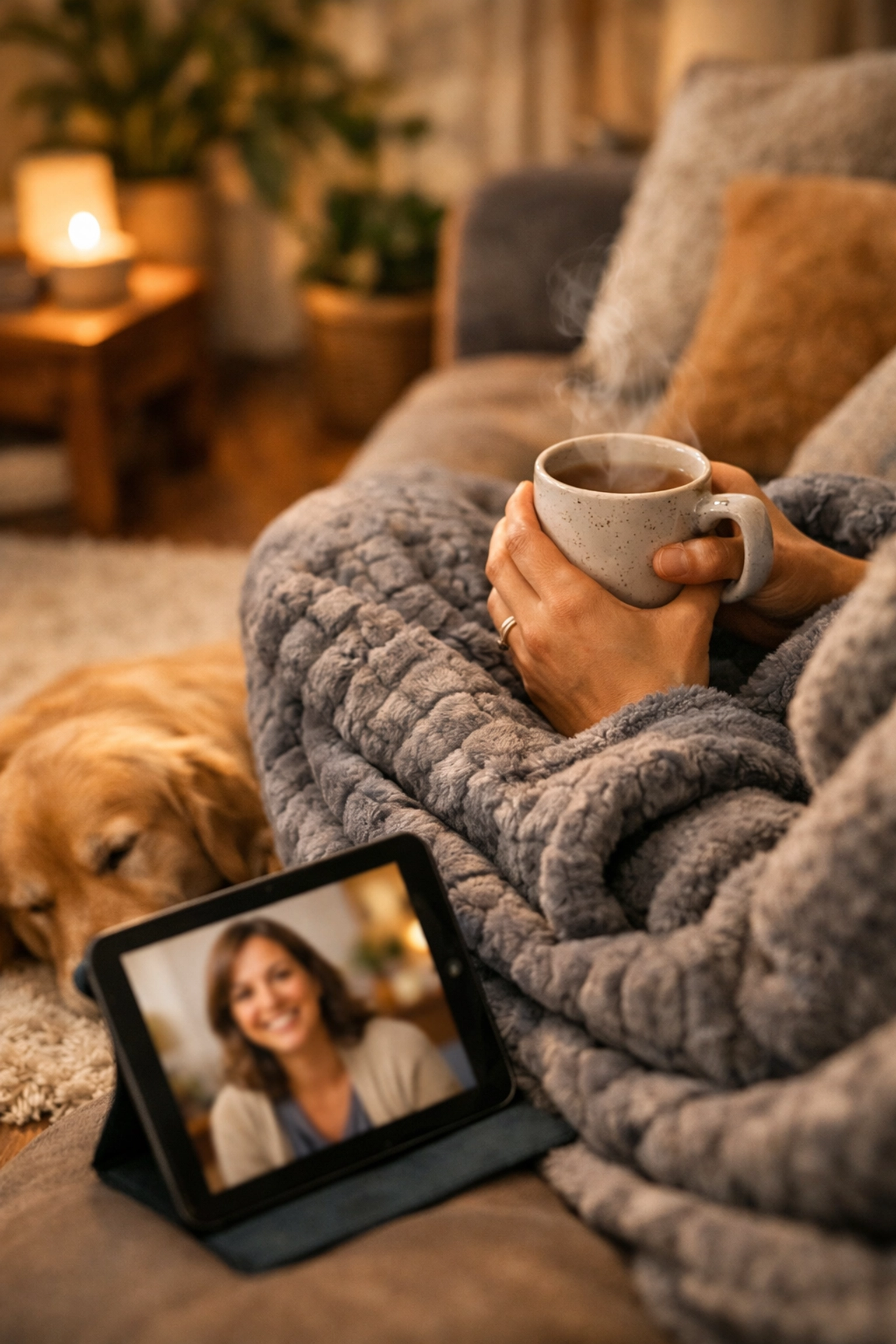 A person attending a comfortable online therapy session on their sofa with a pet, highlighting therapy at home.