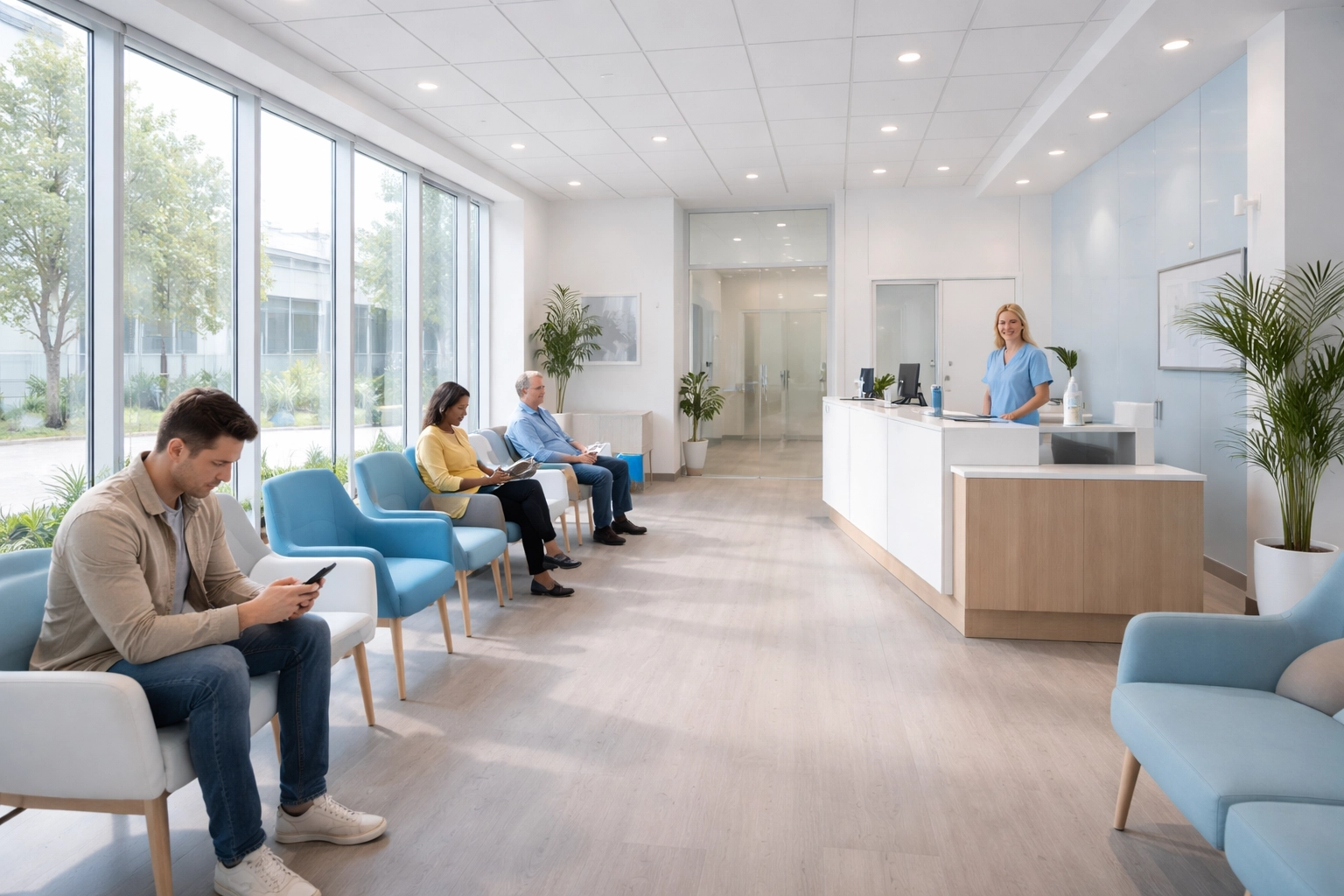 Bright waiting room in a modern medical practice, showing the importance of local presence for service-based businesses.