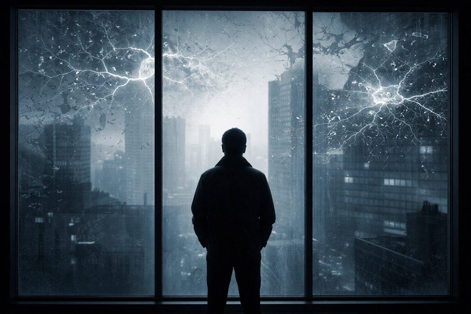 Silhouette einer Person am Fenster, blickt in blaue Stadtlandschaft, steht für gesellschaftliche Tabuthemen und Isolation bei Trauma.