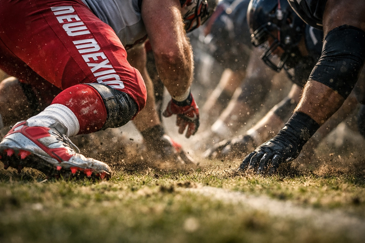 New Mexico football players in trenches showing depth additions from transfer portal