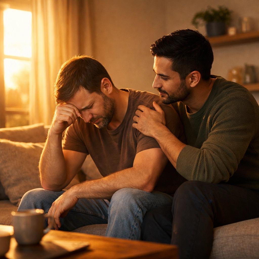 Two gay men sharing emotional support on couch - navigating Valentine's Day as single friends