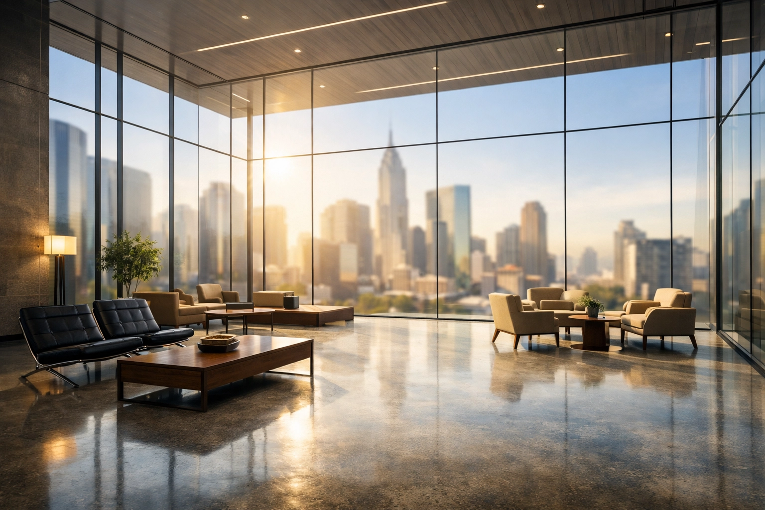 A modern corporate lobby representing professional business financing and growth scale.
