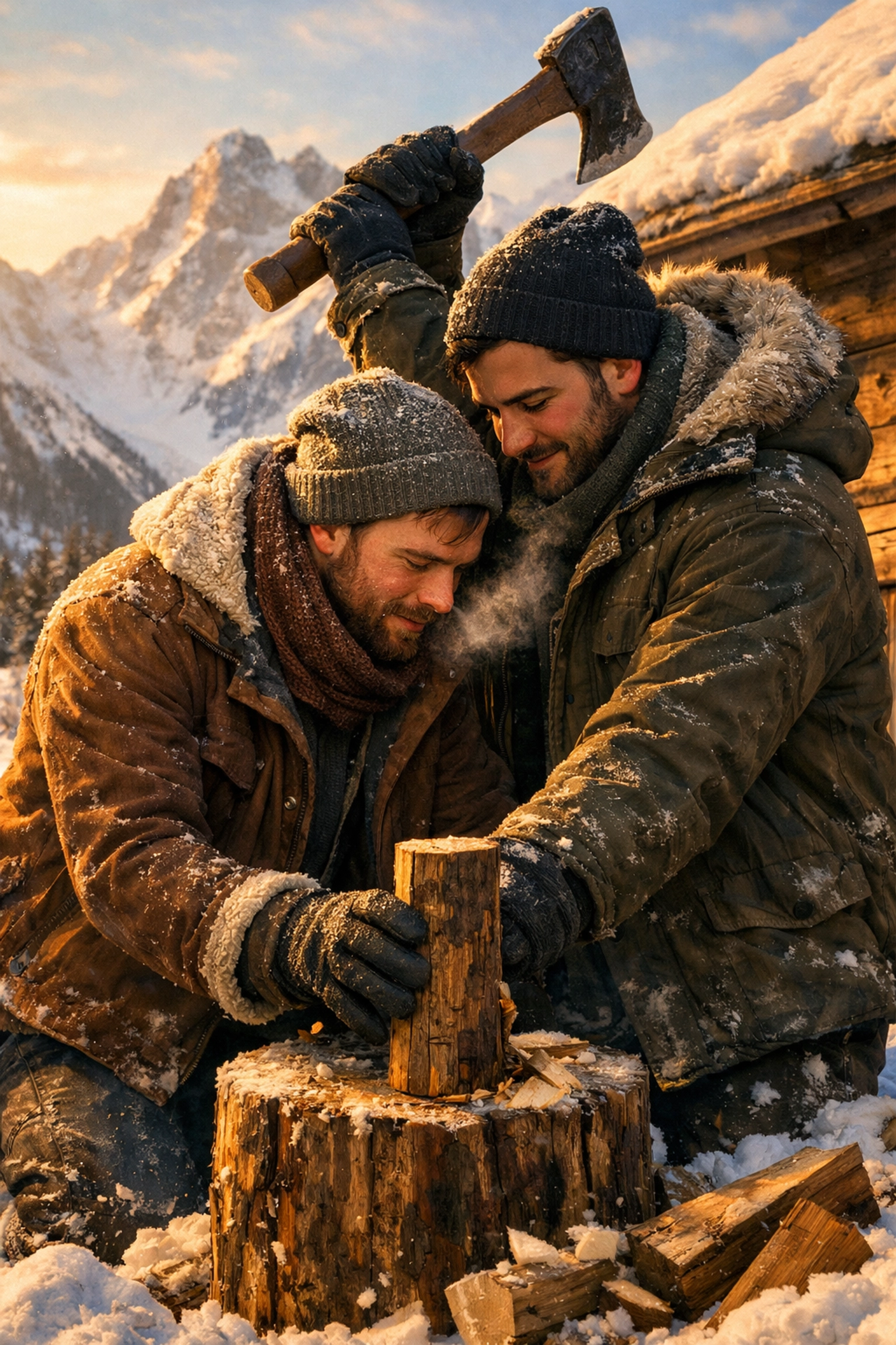 Two men working together chopping wood in snowy Swiss mountains depicting survival partnership