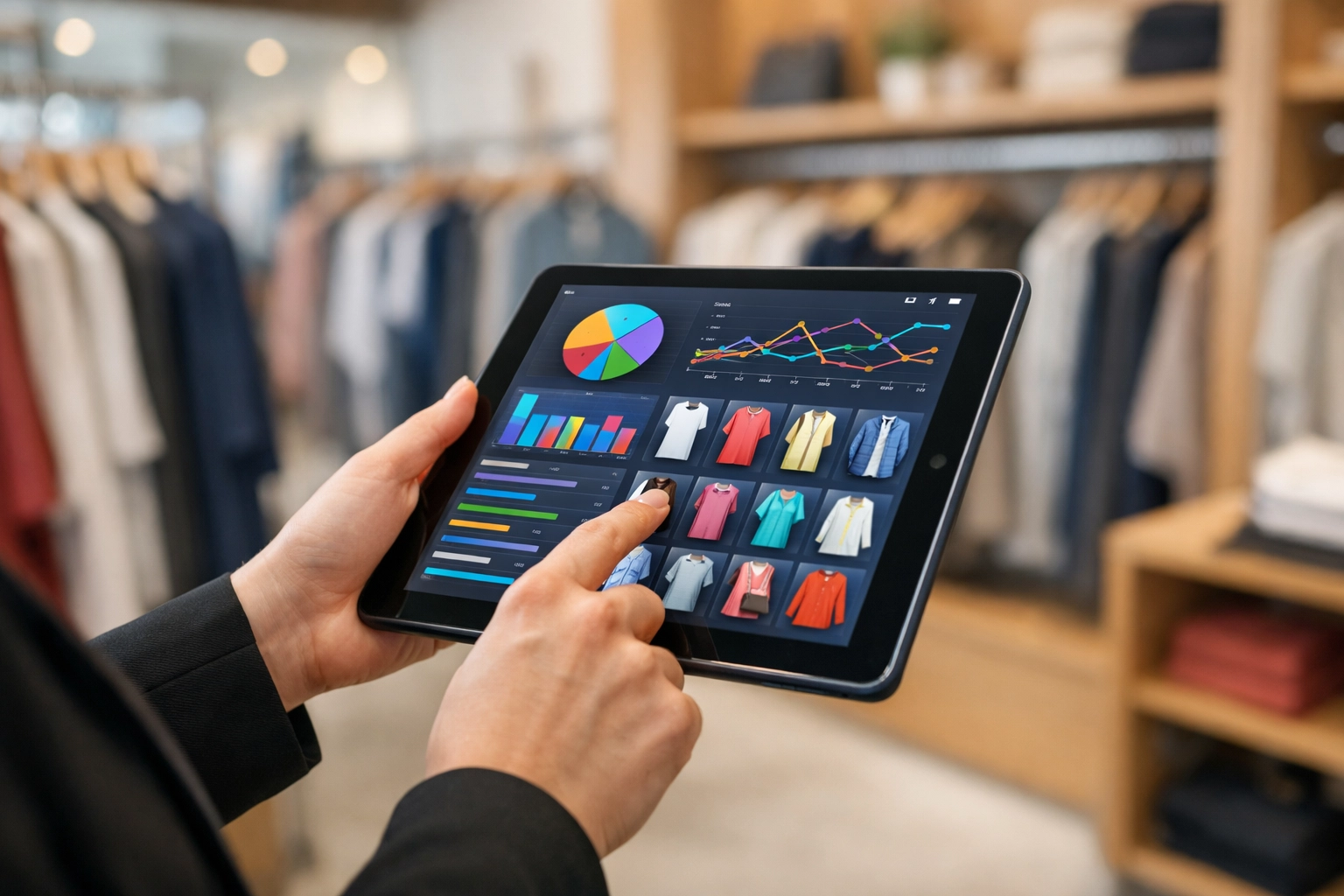 Retail shop owner using a modern epos system tablet to manage inventory levels in a boutique.