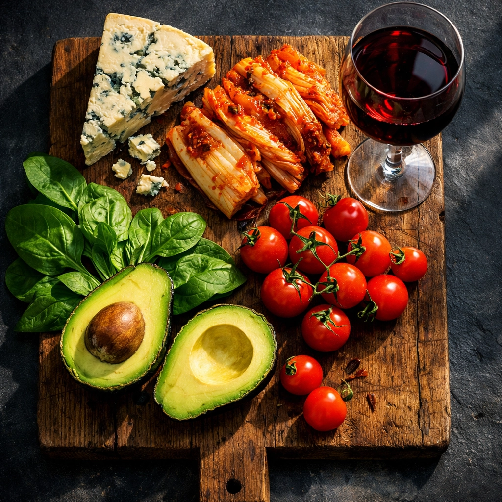 High-histamine foods including aged cheese, fermented foods, avocado, spinach, and wine on cutting board