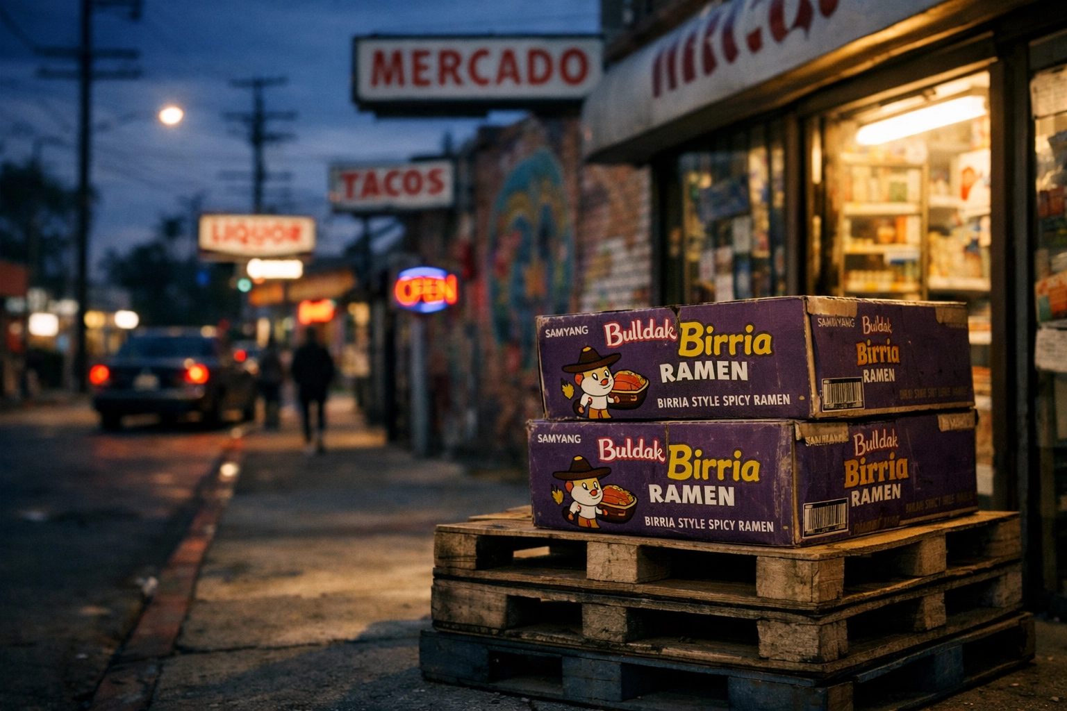 Buldak Birria ramen boxes at a local Los Angeles market, bridging Korean food trends with Hispanic demographics.