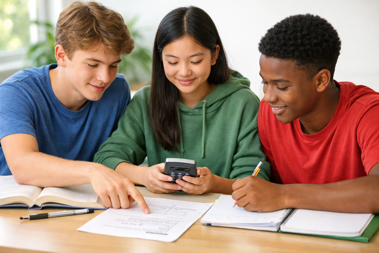Students collaborating on SAT math problems together using calculator and study materials