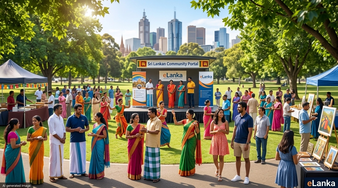 A community festival gathering in Australia showcasing cultural unity and the presence of eLanka as a community support portal.