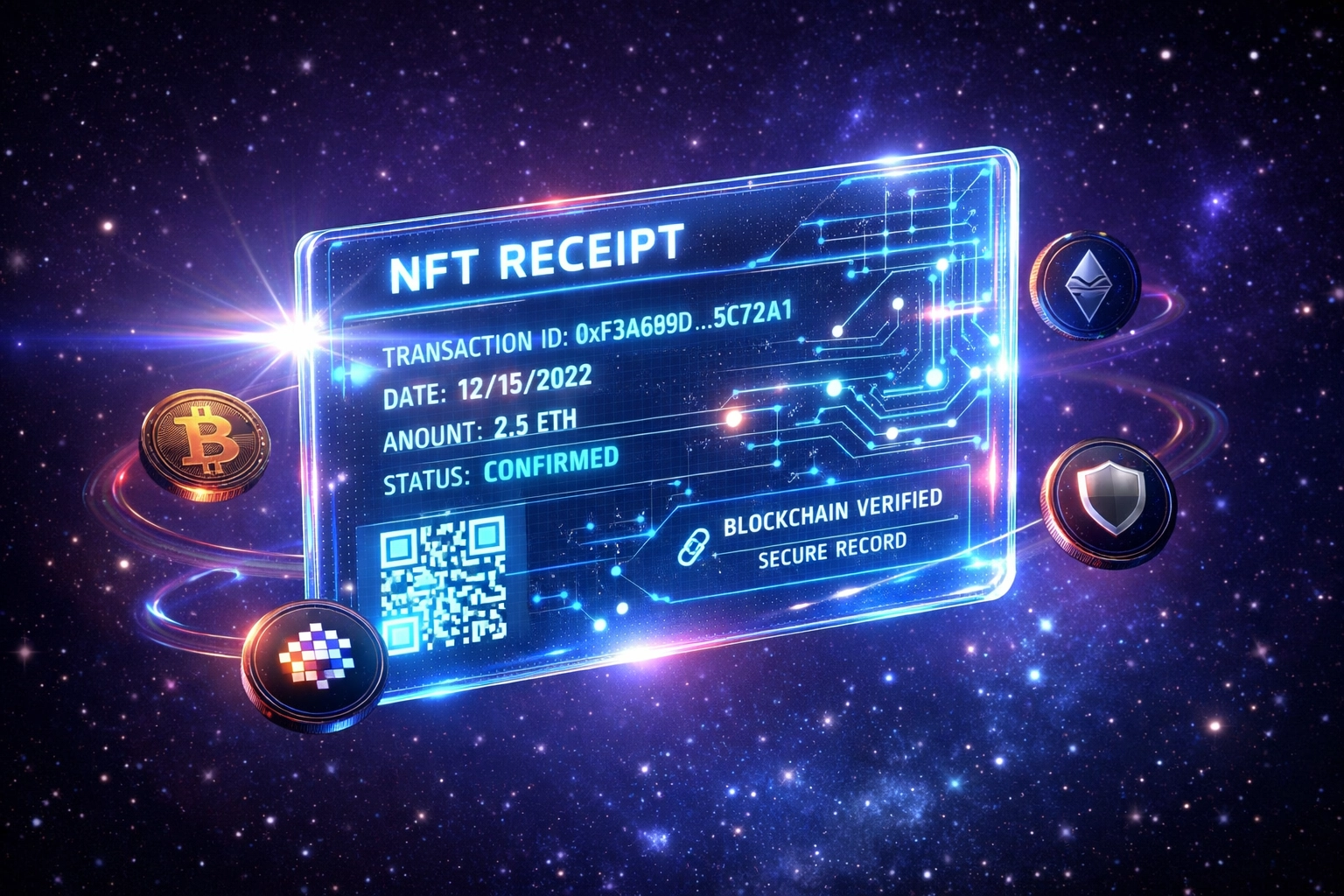 NFT receipt displaying blockchain transaction record with digital tokens for Larecoin payments