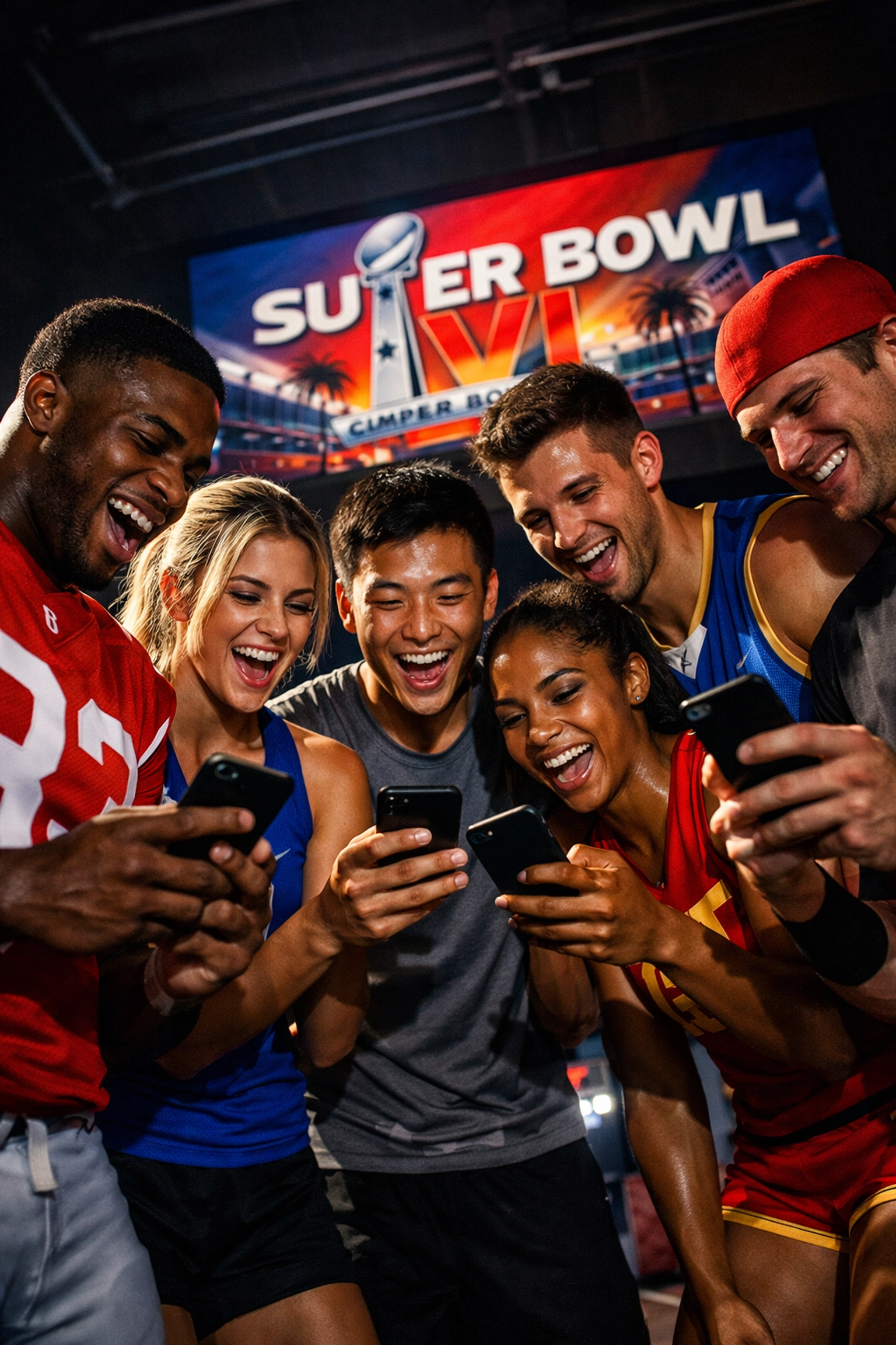 College athletes checking smartphones for NIL deals during Super Bowl weekend