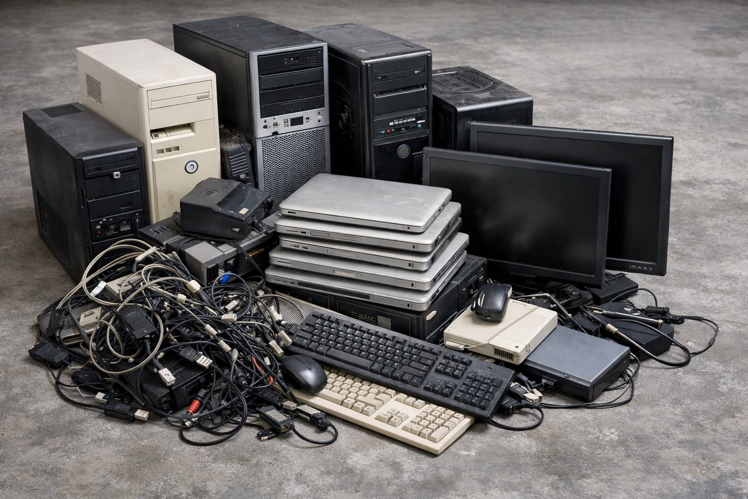 A variety of WEEE waste, including old laptops and computer monitors, ready for professional IT recycling.