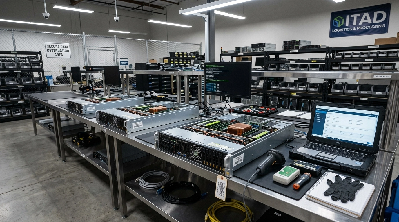 A professional, secure IT asset disposition (ITAD) facility with high-value GPU-based servers staged for technical inspection and valuation.