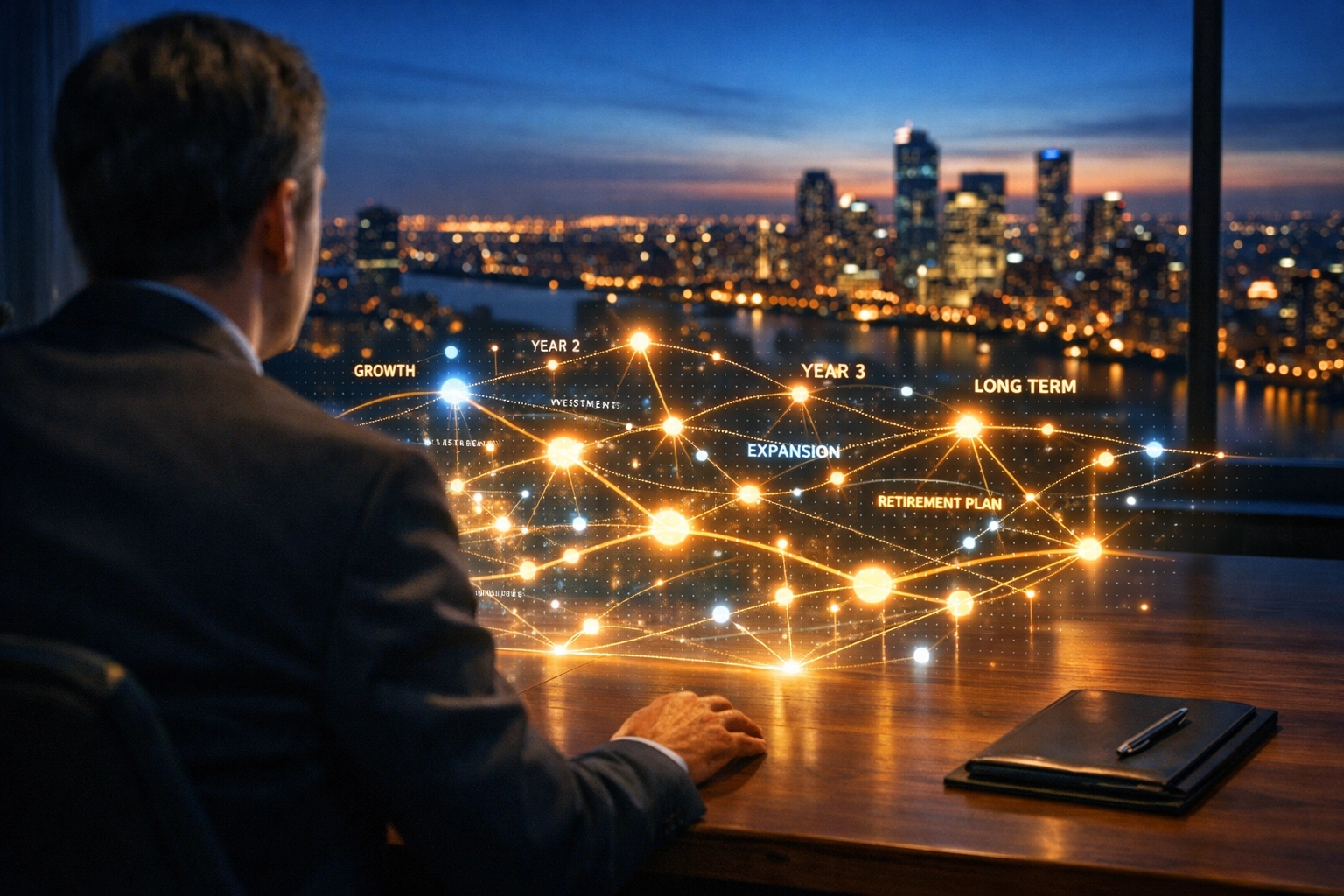 Tax professional at a desk reviewing a complex digital financial strategy map for a client.