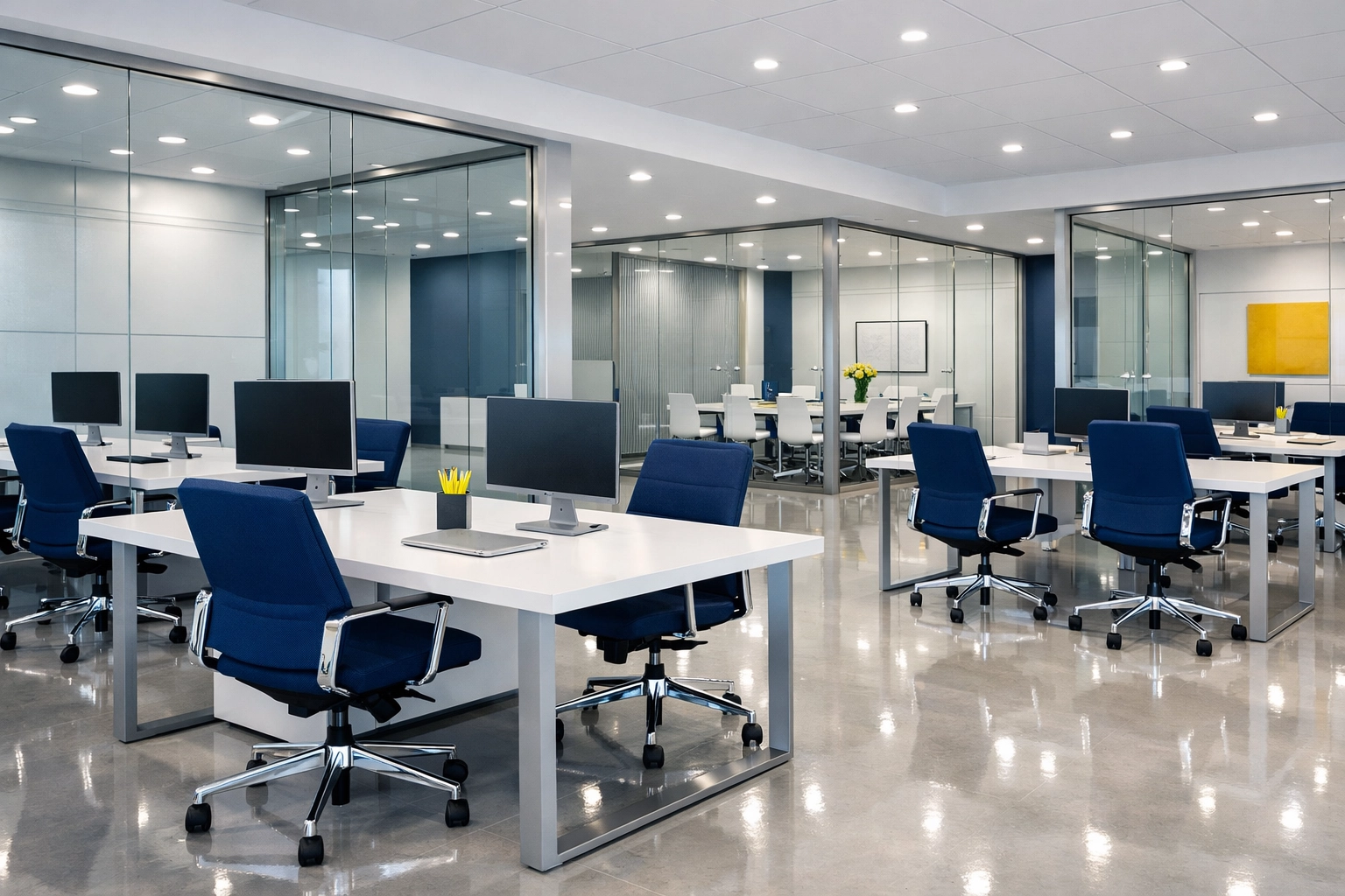 Modern office space with polished floors and clean desks from professional commercial cleaning.