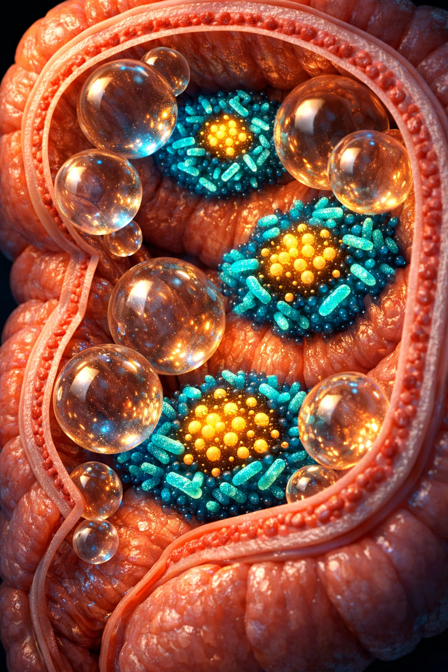 Visualization of gut bacteria fermenting FODMAP carbohydrates in the large intestine causing gas and bloating.