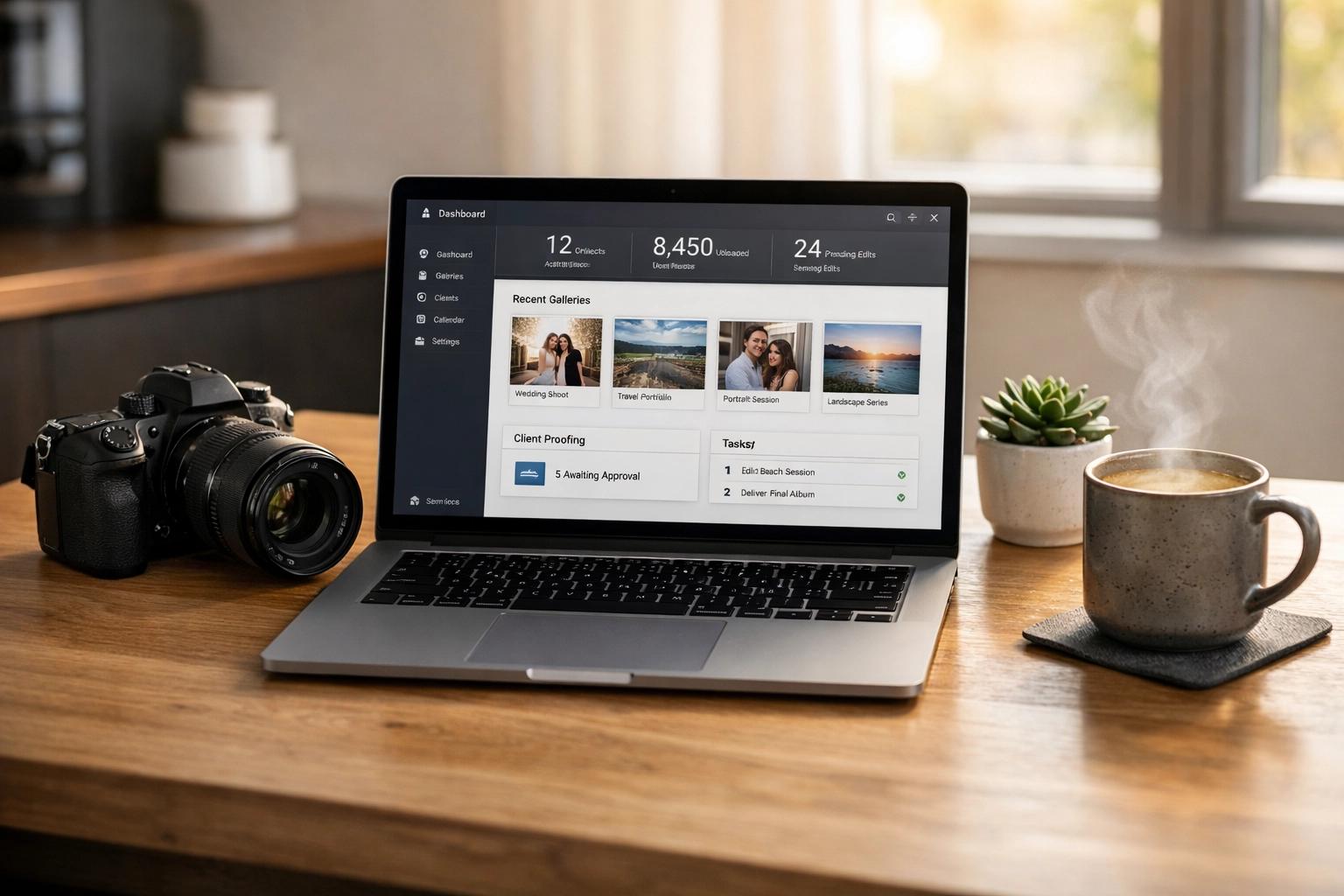 Professional home office desk with a laptop showing a photography management dashboard.