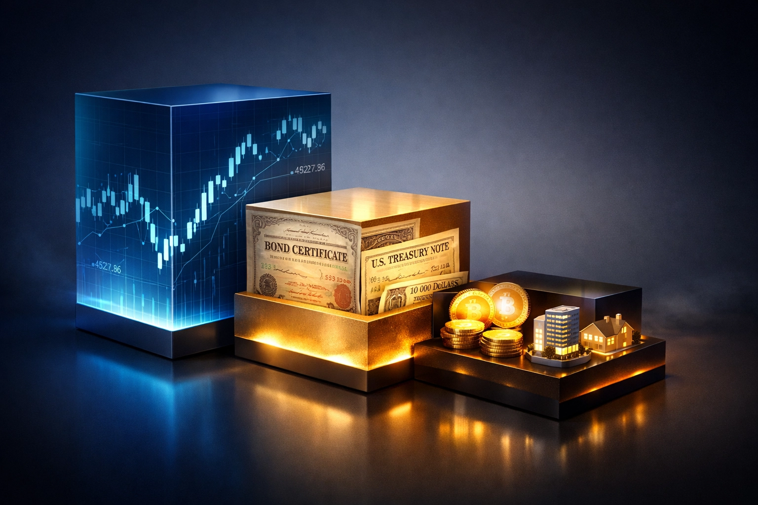 40/30/30 portfolio allocation showing equities, bonds, and alternative investments including crypto and real estate