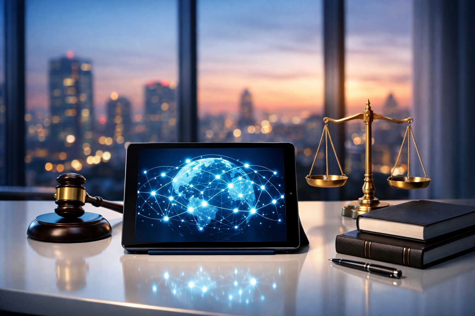 Digital network diagram on a tablet representing global asset tracing in a legal office.