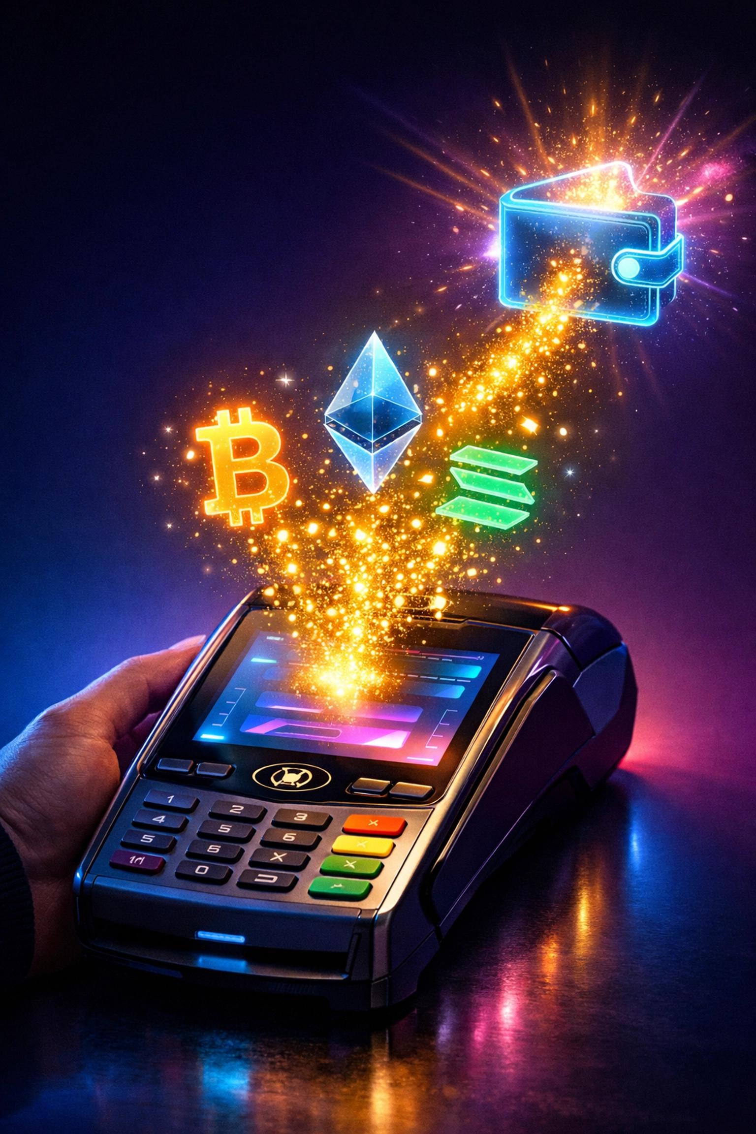 Cryptocurrency payment terminal processing Bitcoin, Ethereum and Solana into secure digital wallet