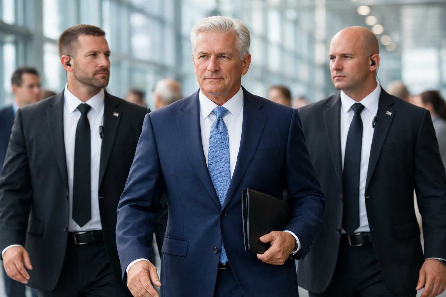 High-profile executive accompanied by a professional security detail for safe corporate travel.