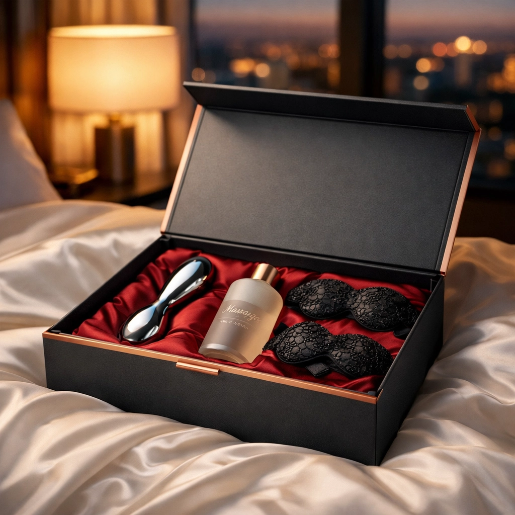 Premium sexual wellness gift hamper for wife on her first night featuring massage oil and accessories.
