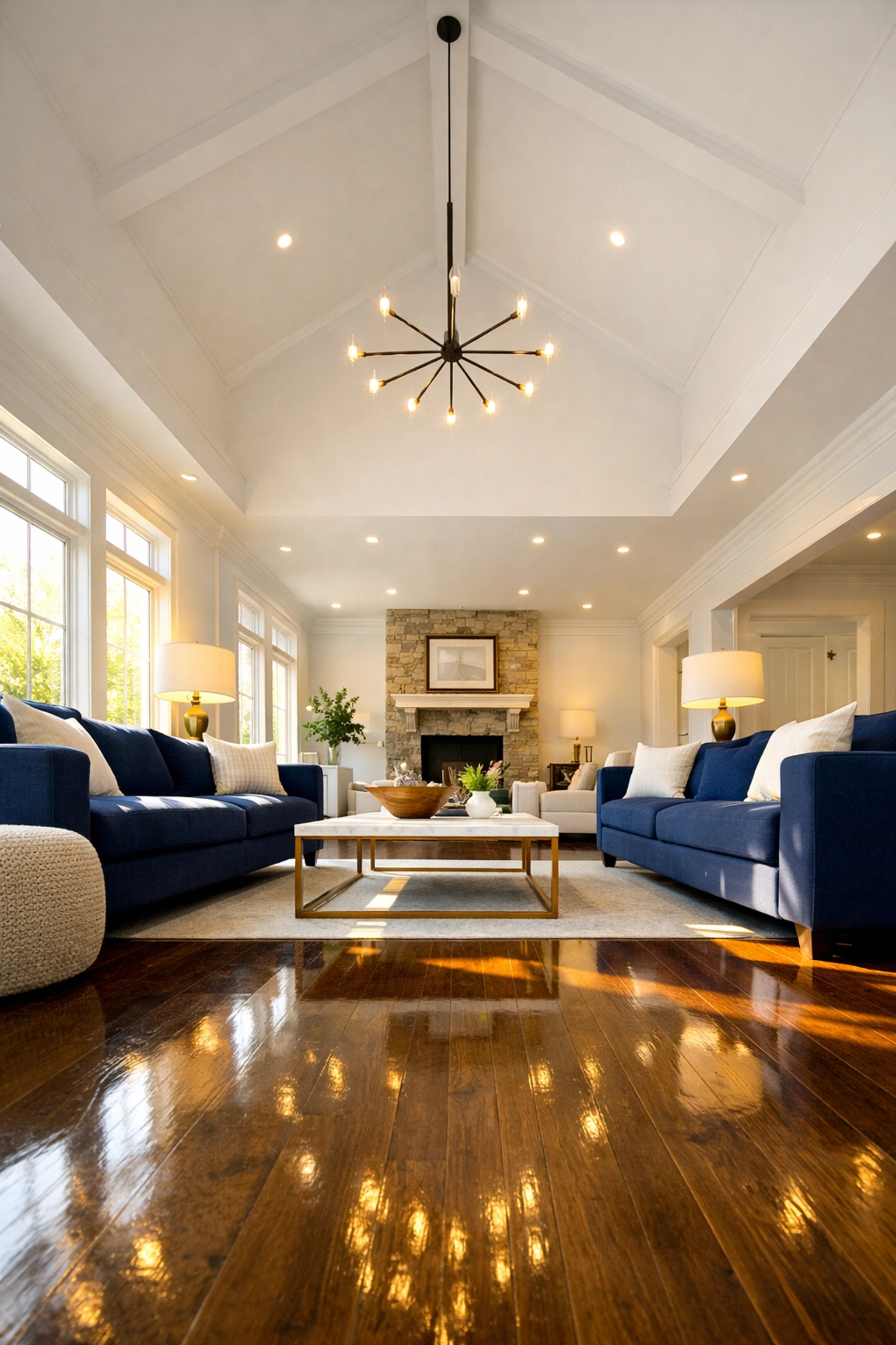 Immaculate living room with clean floors showing the results of professional house cleaning Townsend MA.