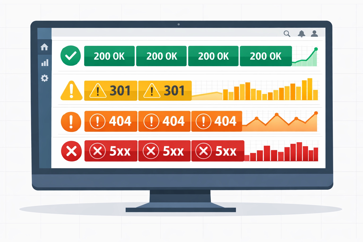 Tableau de bord des codes HTTP dans Google Search Console : 200, 301, 404 et erreurs 5xx