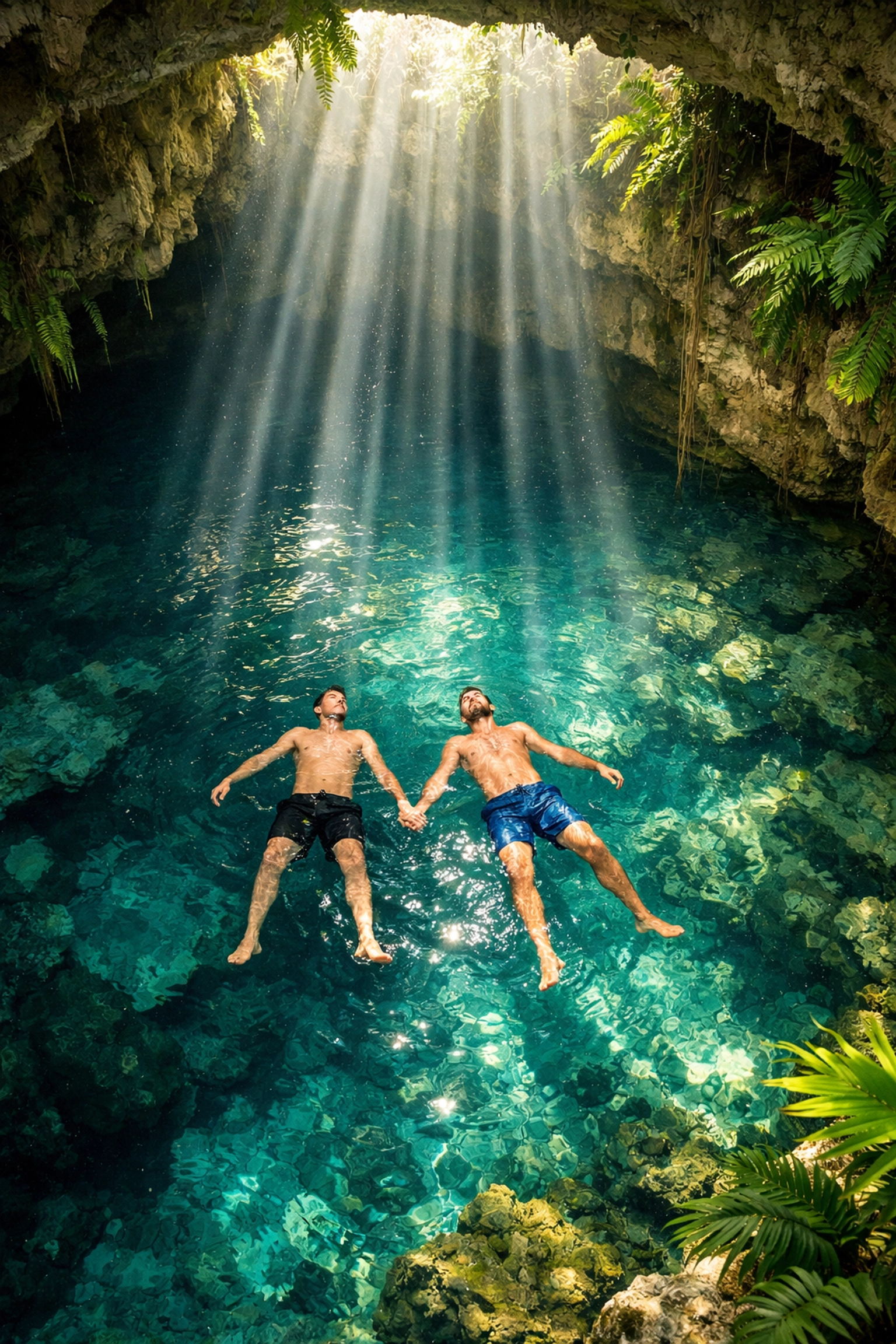 Two men sharing intimate moment swimming in turquoise cenote in Yucatán, Mexico