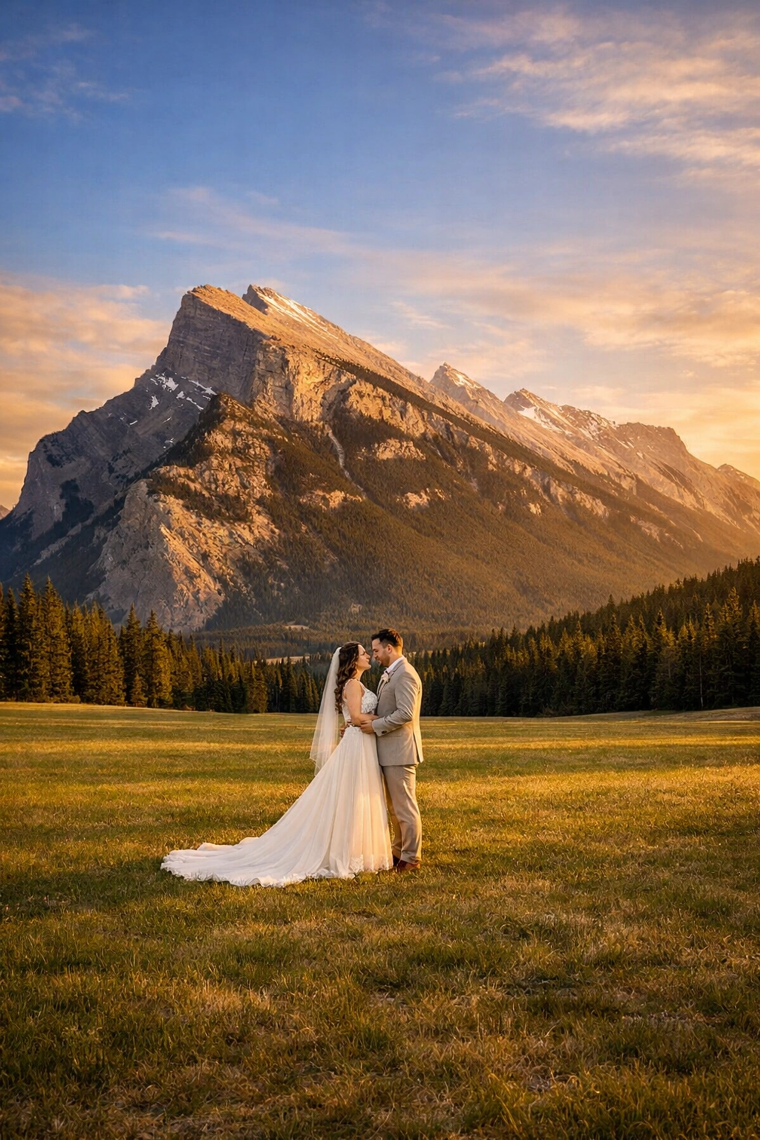 Bride and groom at a Tunnel Mountain Reservoir wedding with a scenic Mount Rundle backdrop in Banff.