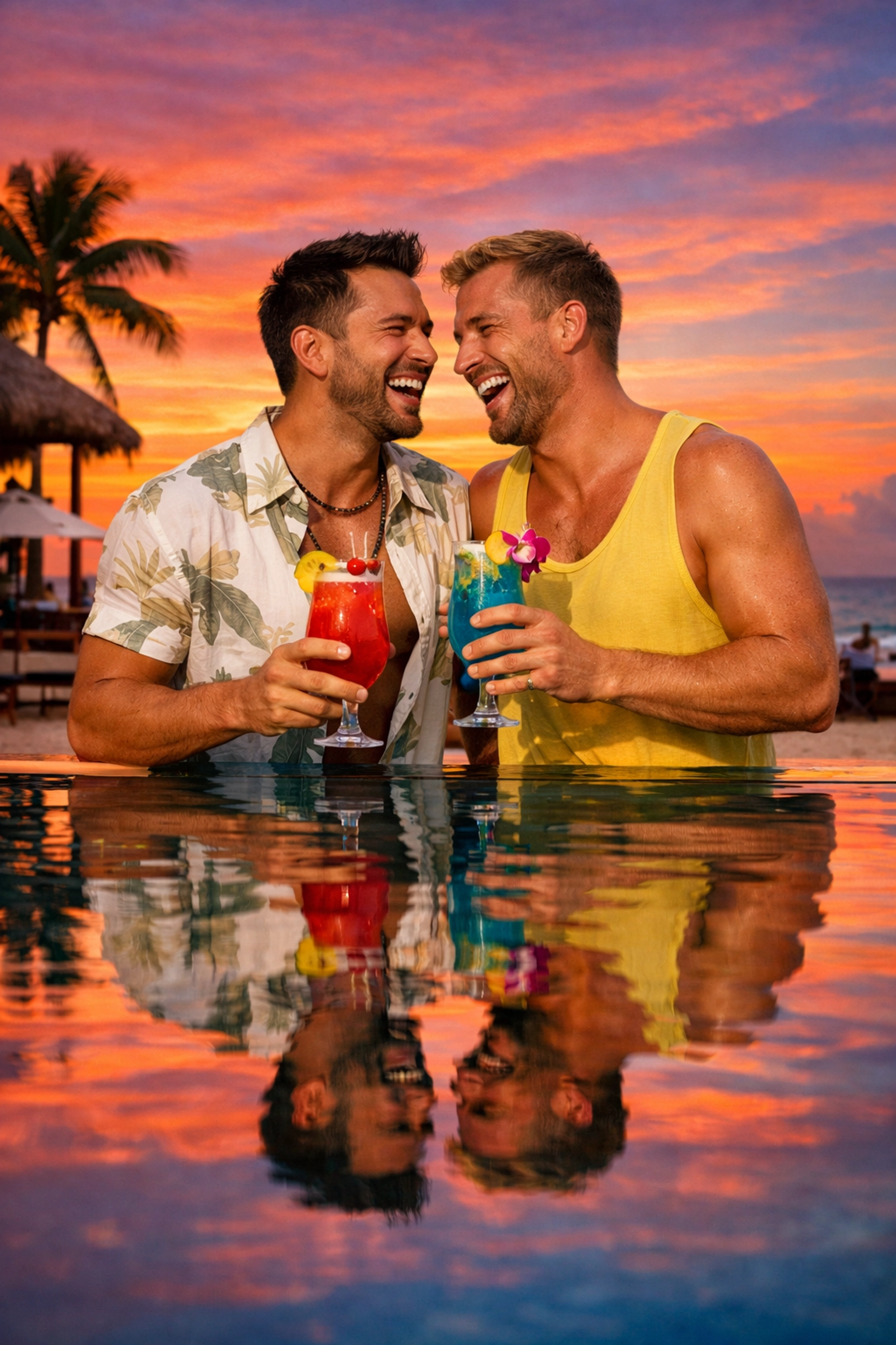 Gay couple enjoying sunset cocktails at luxury Seminyak beach club with infinity pool in Bali
