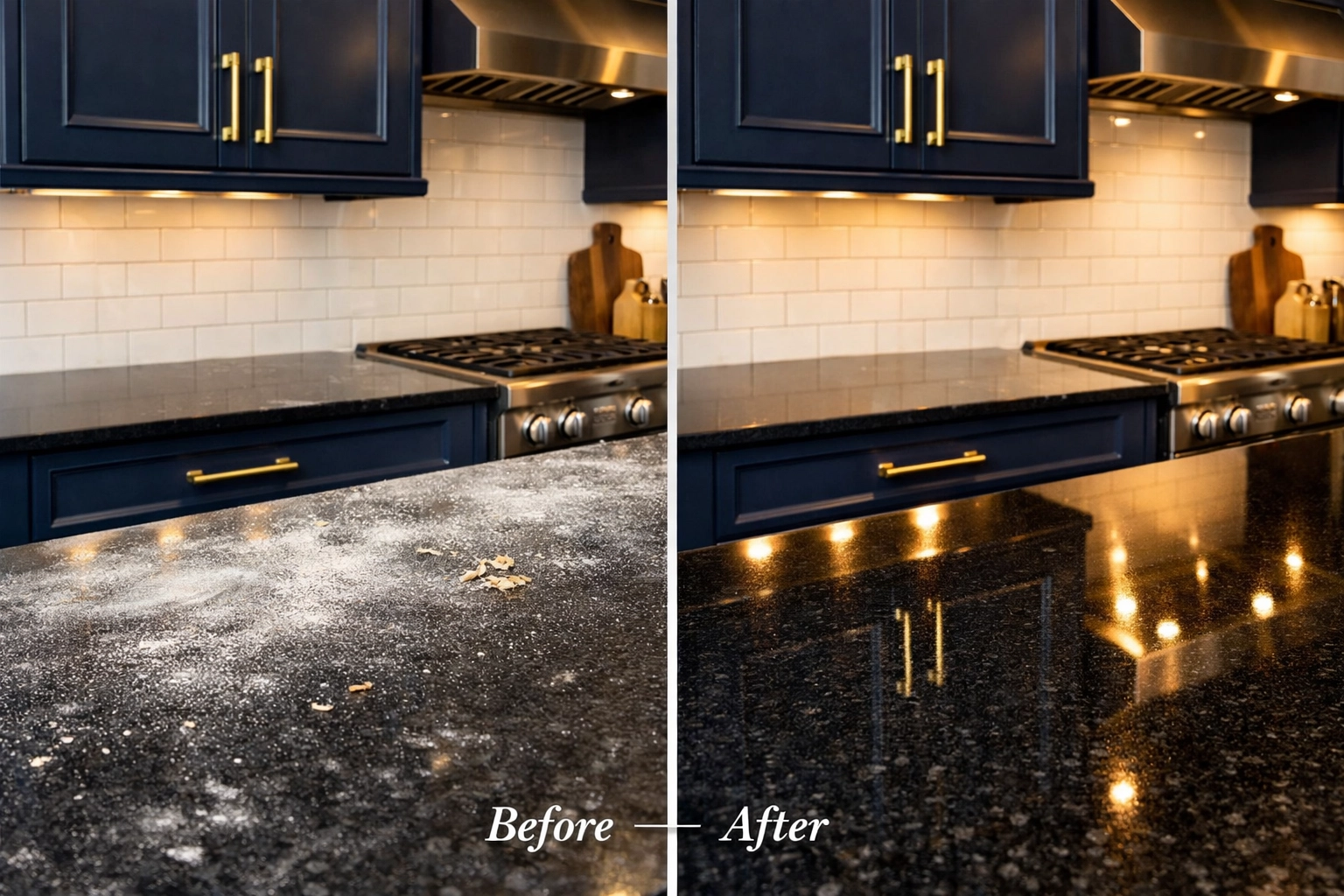 Detailed post construction cleaning in a Milford kitchen showing the removal of fine dust from luxury countertops.