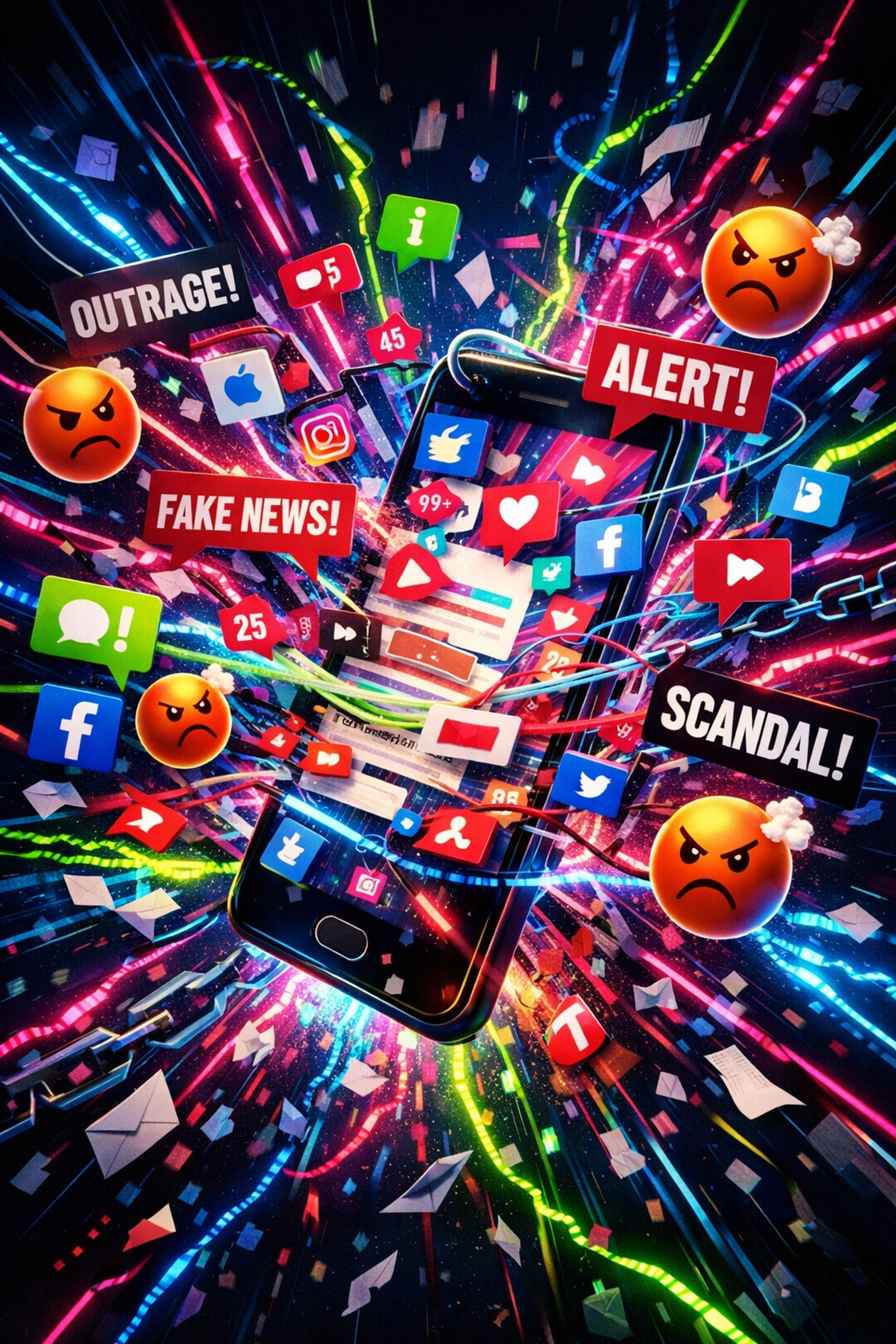 Smartphone overwhelmed by social media notifications, headlines, and digital chaos