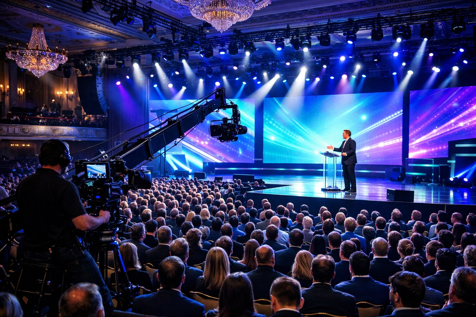 Multi-camera conference videography setup capturing a keynote speaker in a large NYC ballroom.