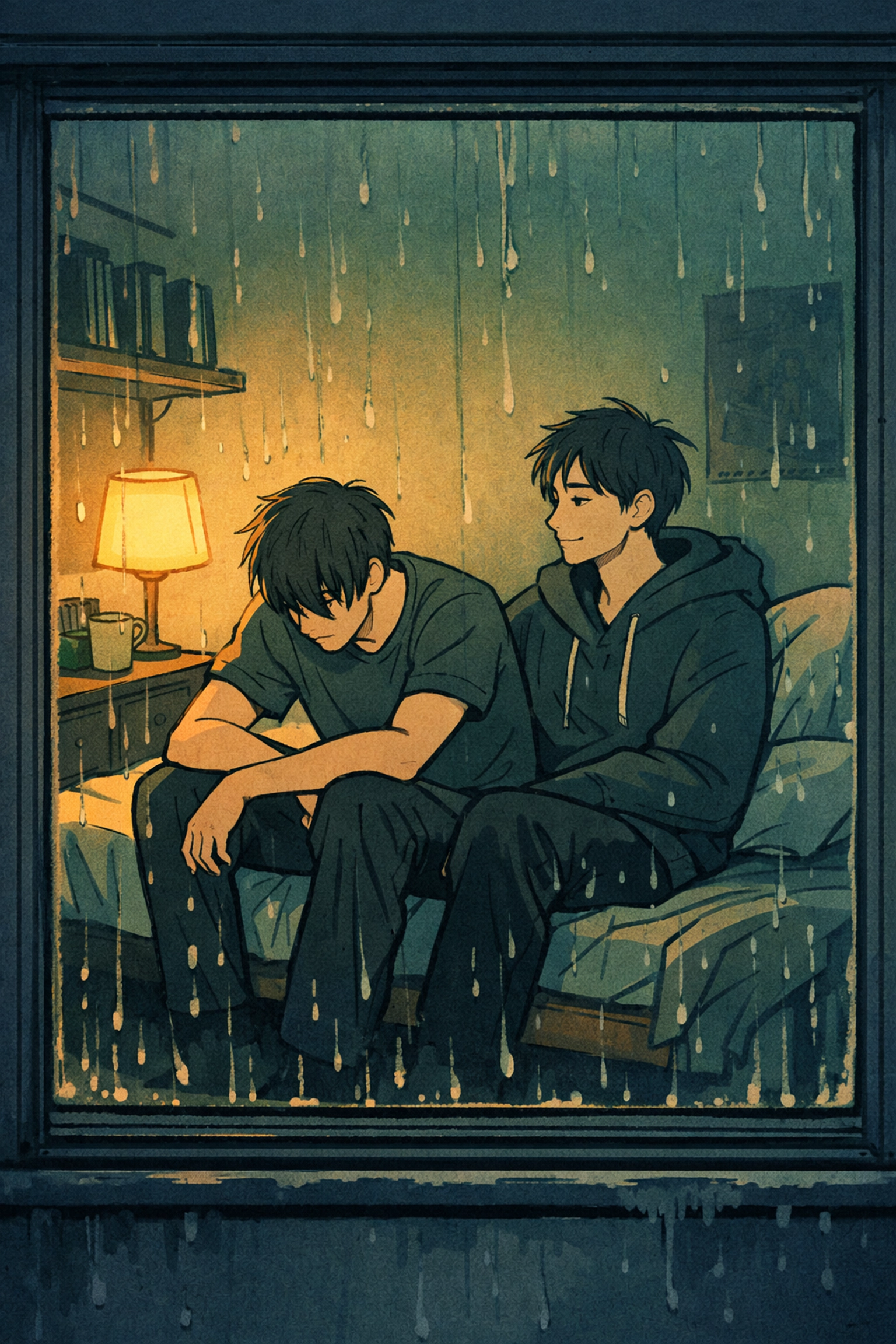 Two male college roommates sitting close together on dorm bed during rainy evening