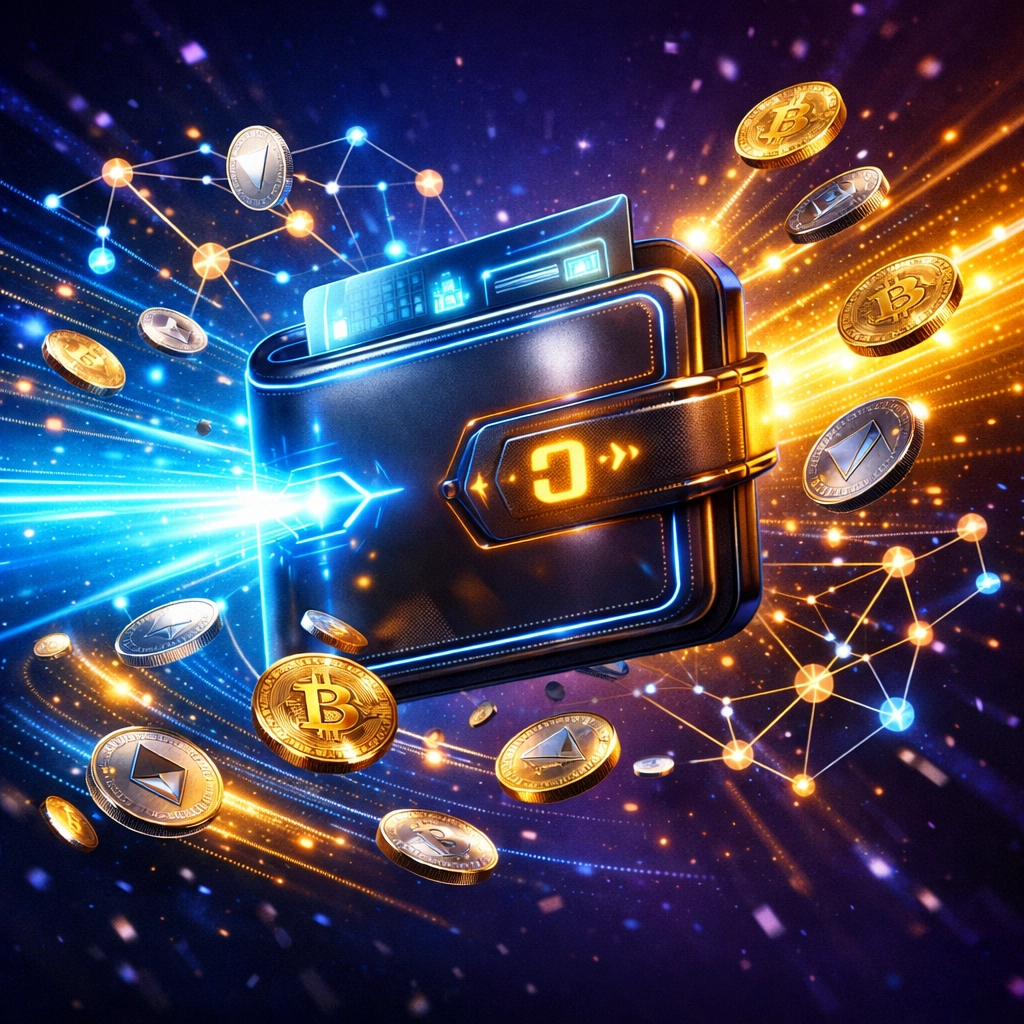 Digital wallet with cryptocurrency network illustrating instant settlement for merchant payments