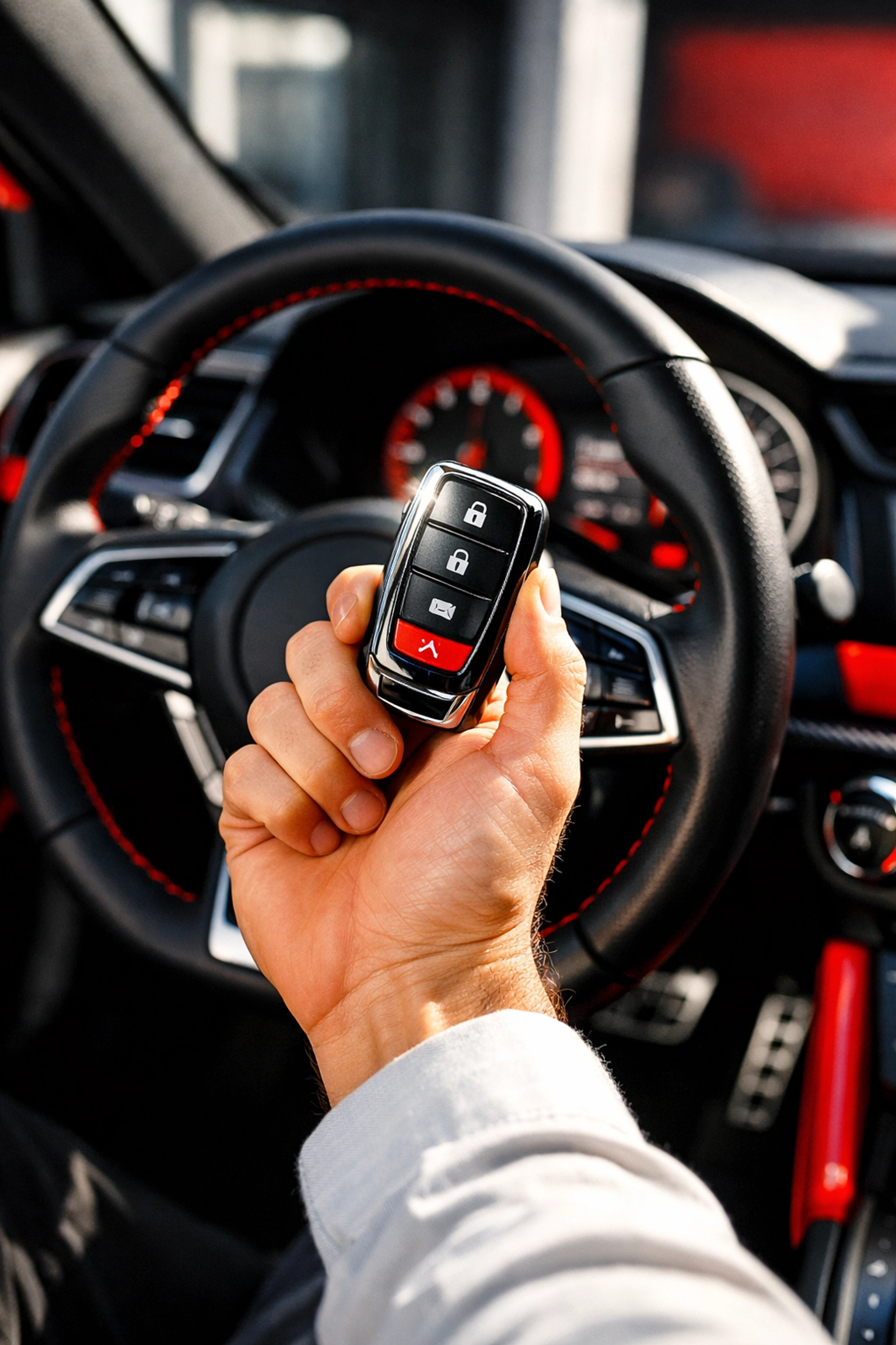 Satisfied customer holding a newly programmed car key fob inside their vehicle.
