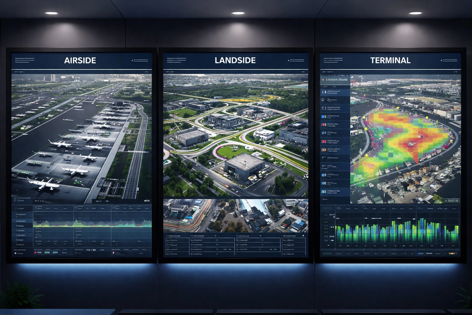 Unified airport command center display showing airside, landside, and terminal operations