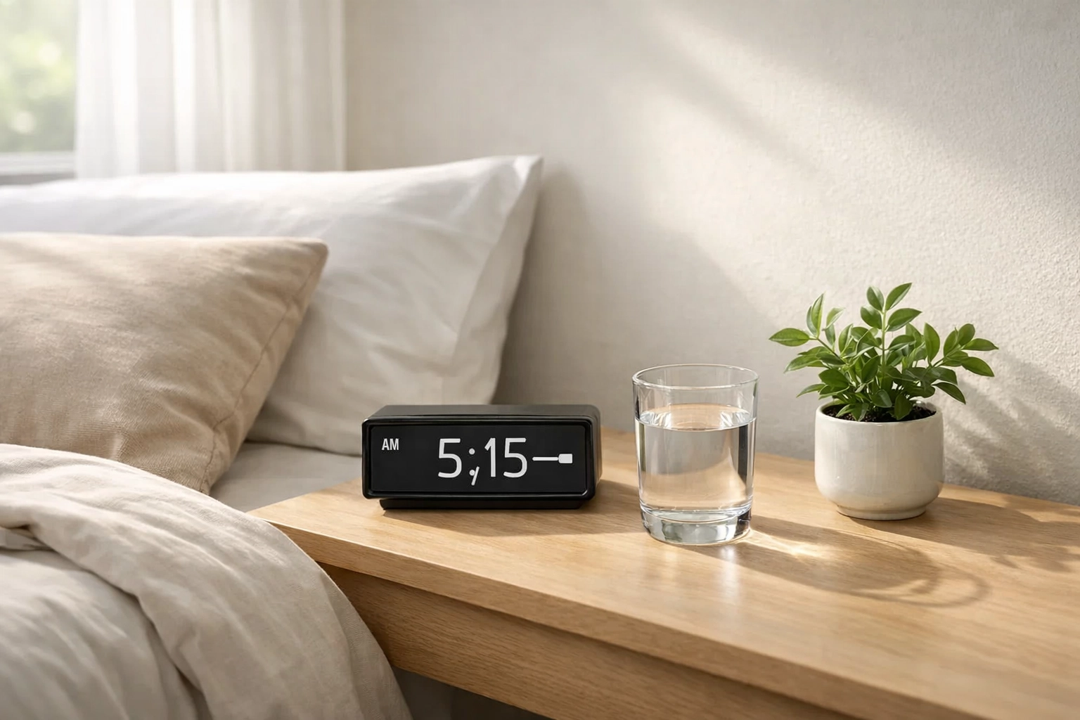 Peaceful bedroom with early morning alarm clock showing intentional wake time