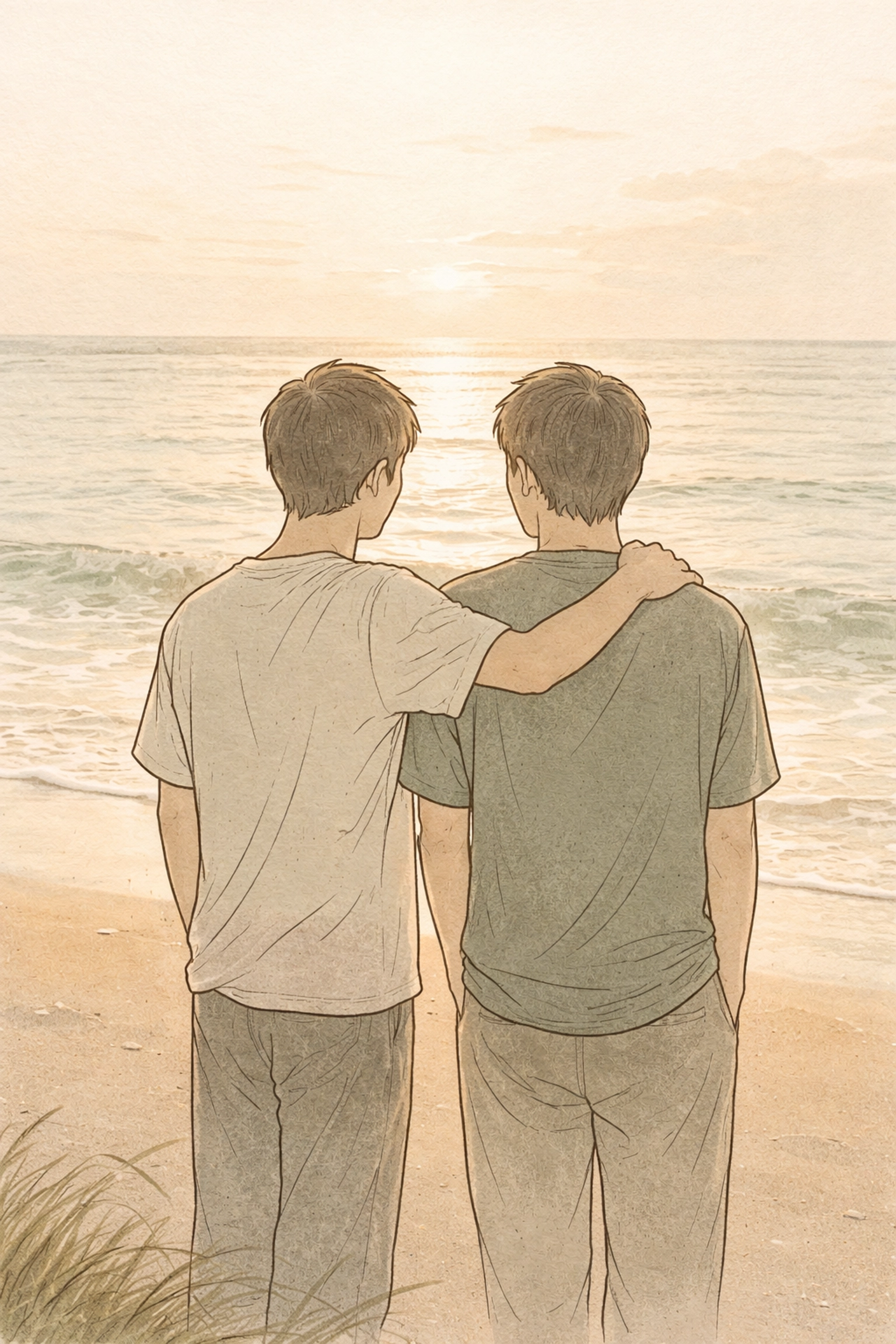 Illustration of two men standing together on a tranquil beach, symbolizing vulnerability and body acceptance in queer fiction