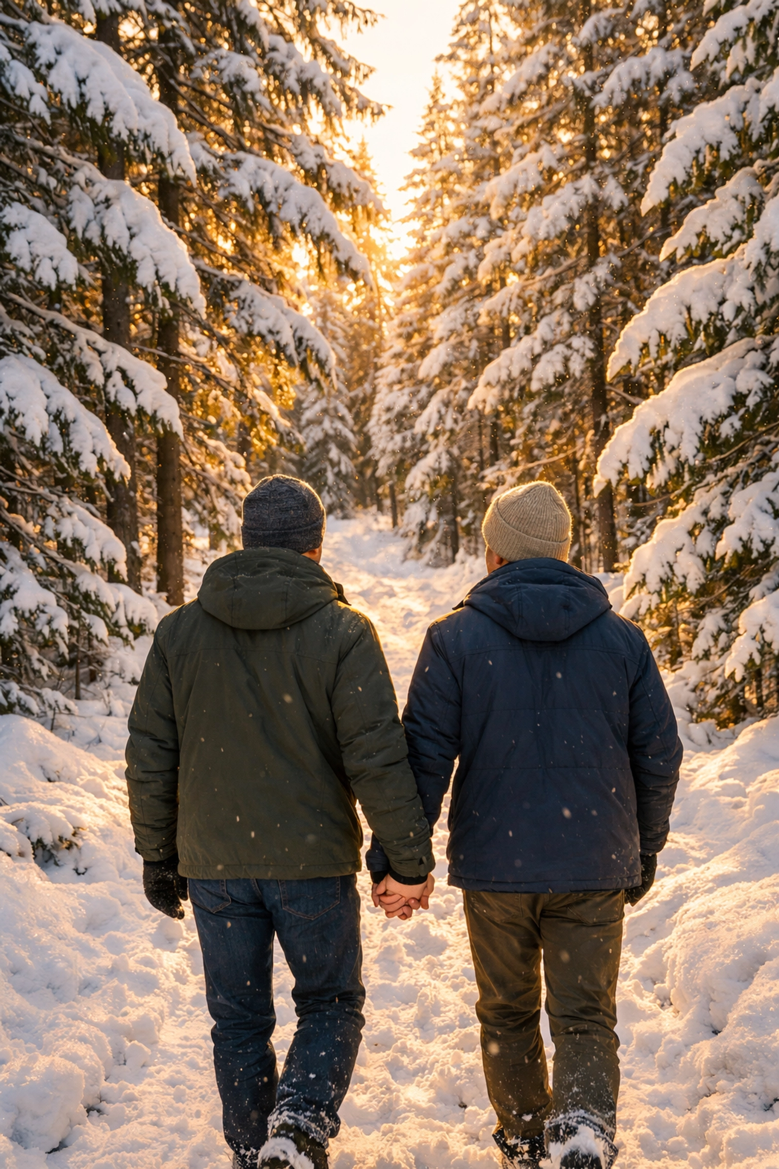 Gay couple walking hand-in-hand through snowy forest on romantic winter escape