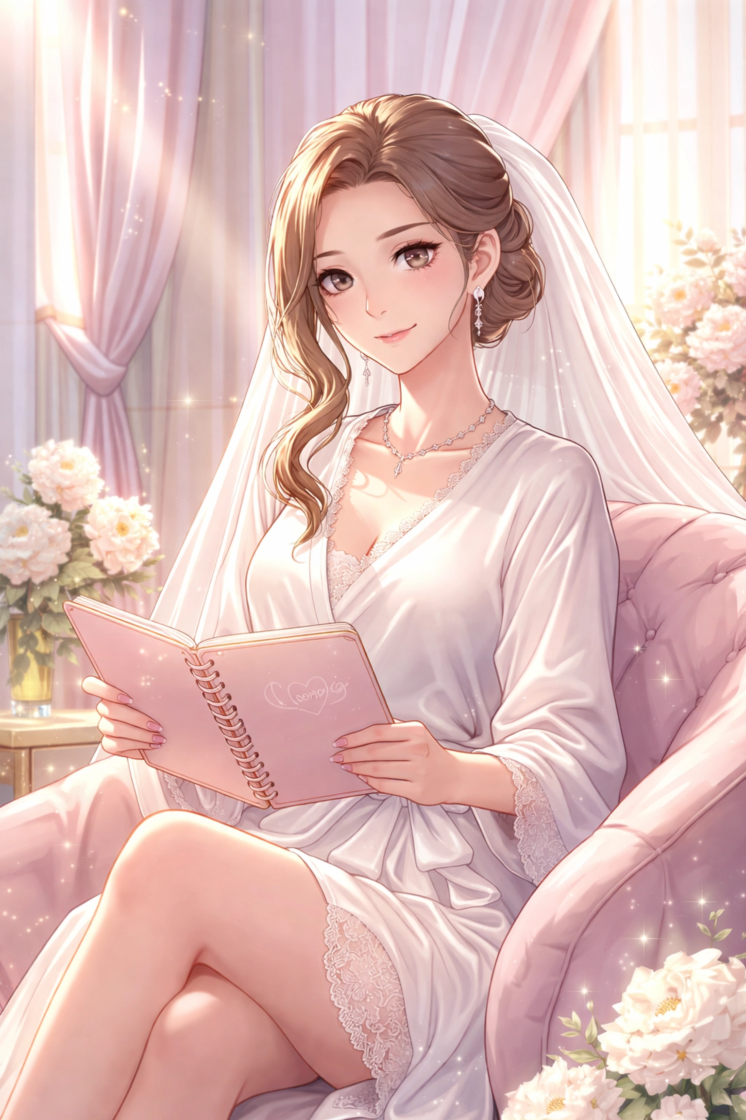 Bride-to-be planning her wedding beauty timeline, highlighting flawless nano brows and radiant skin in a luxury bridal suite