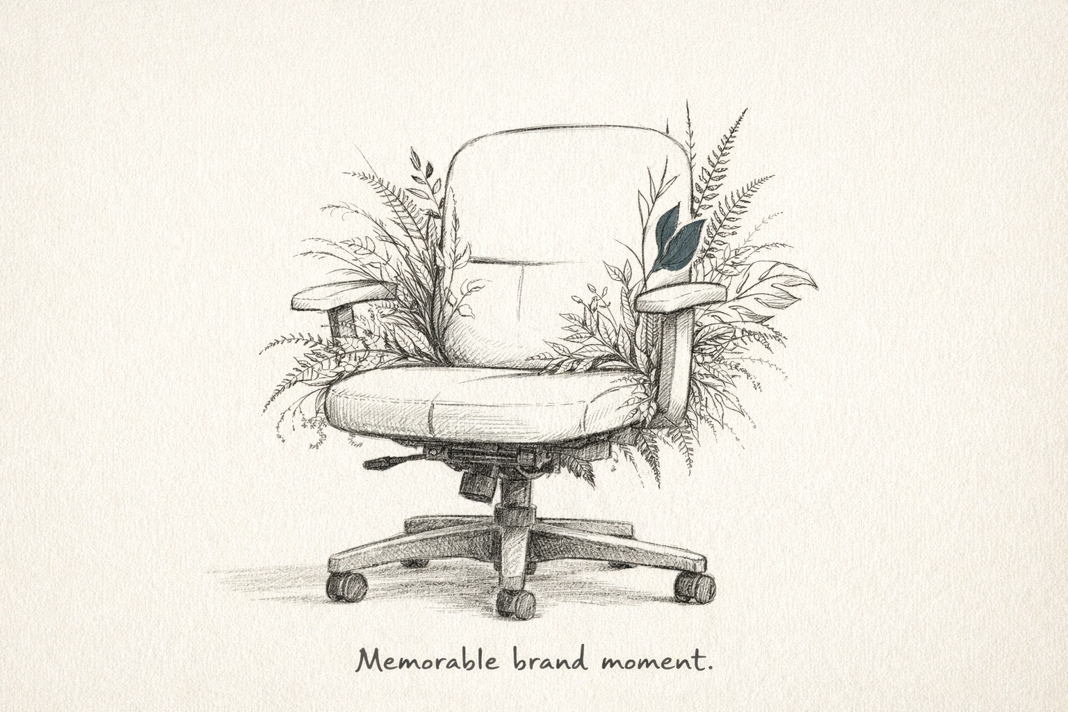 Colorful flowers blooming from a corporate chair, representing a memorable brand moment and the Peak-End rule.