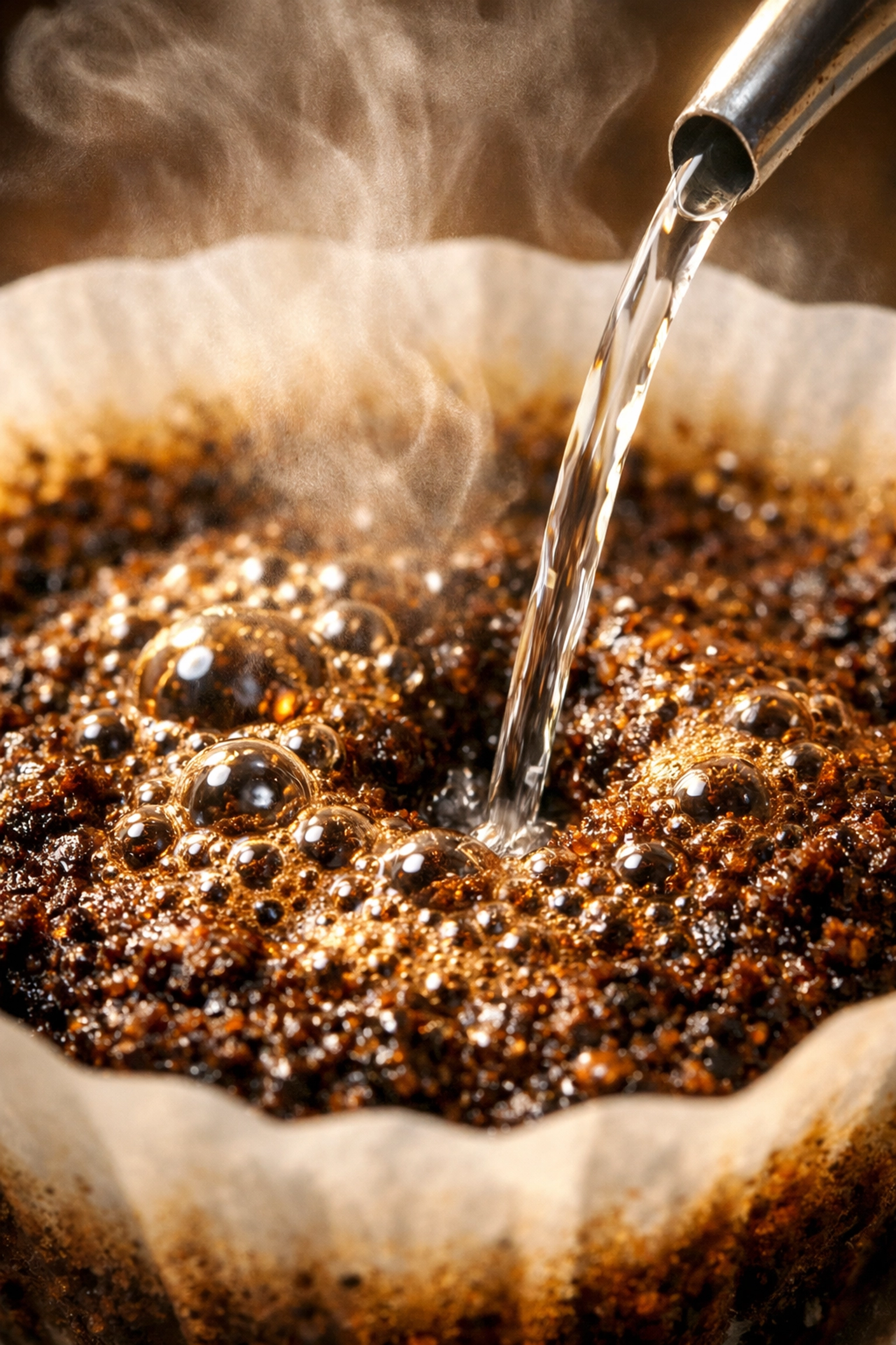 Close-up of fresh roasted coffee beans blooming in a pour over paper filter.